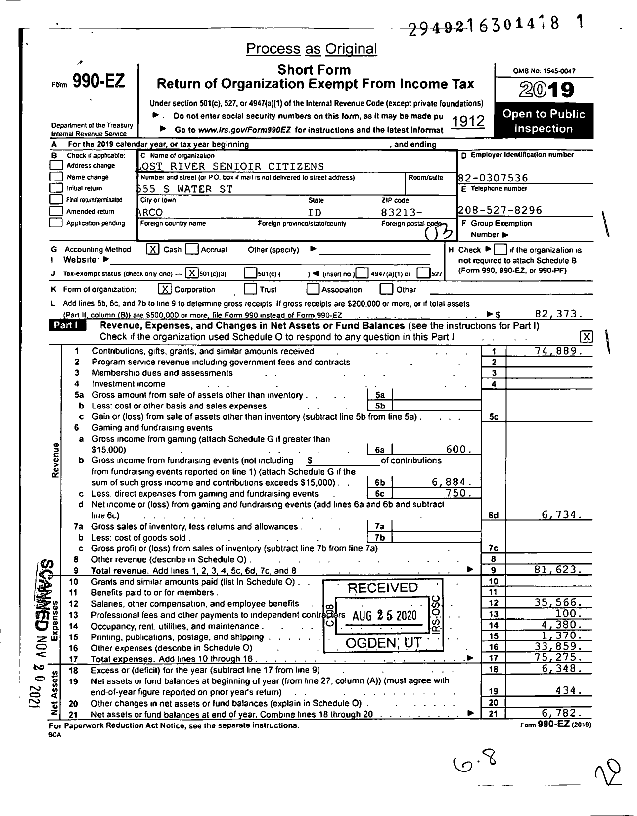 Image of first page of 2019 Form 990EZ for Lost River Senior Citizens