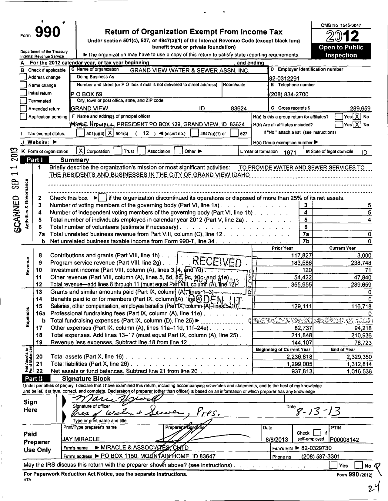 Image of first page of 2012 Form 990O for Grand View Water and Sewer Association