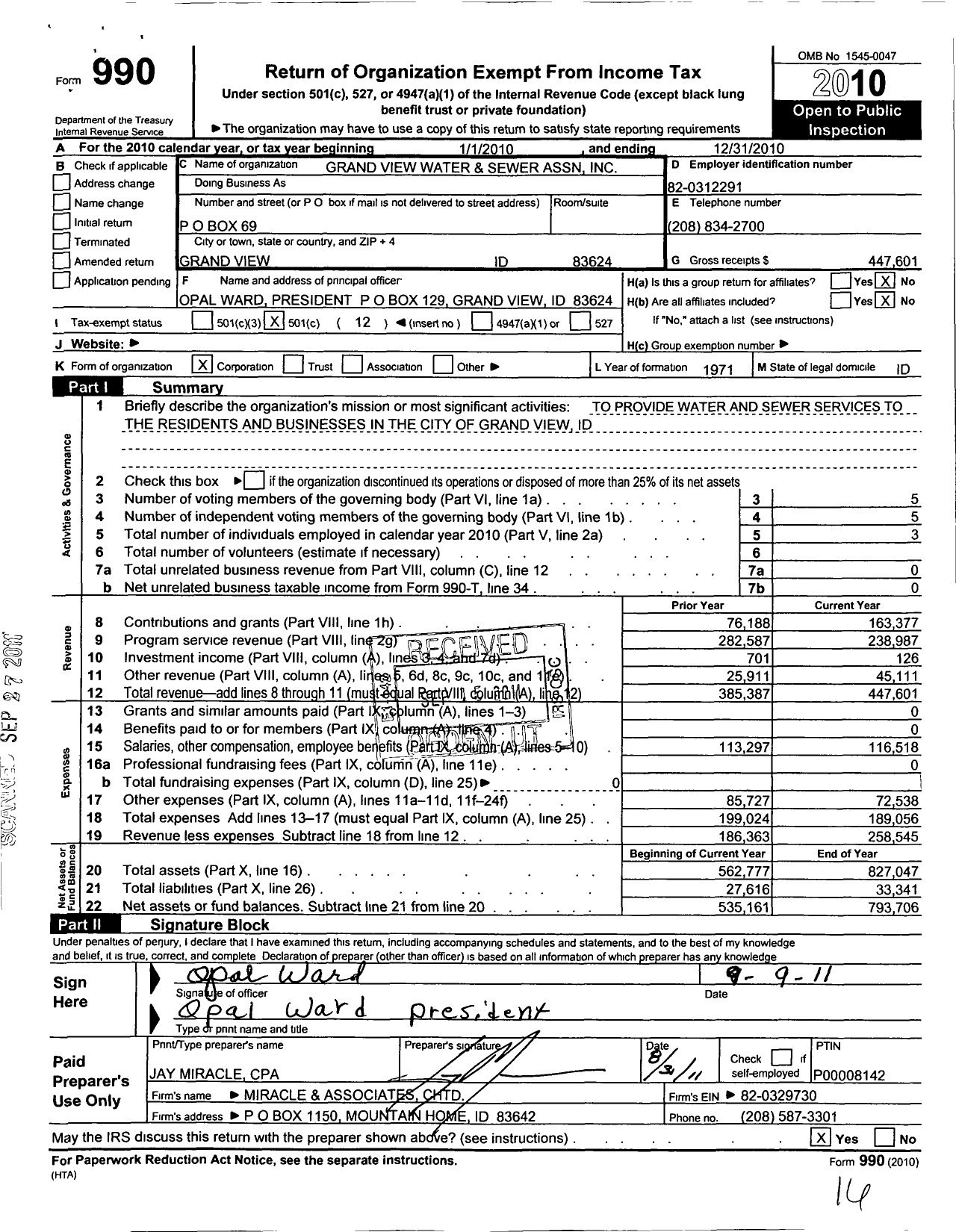 Image of first page of 2010 Form 990O for Grand View Water and Sewer Association