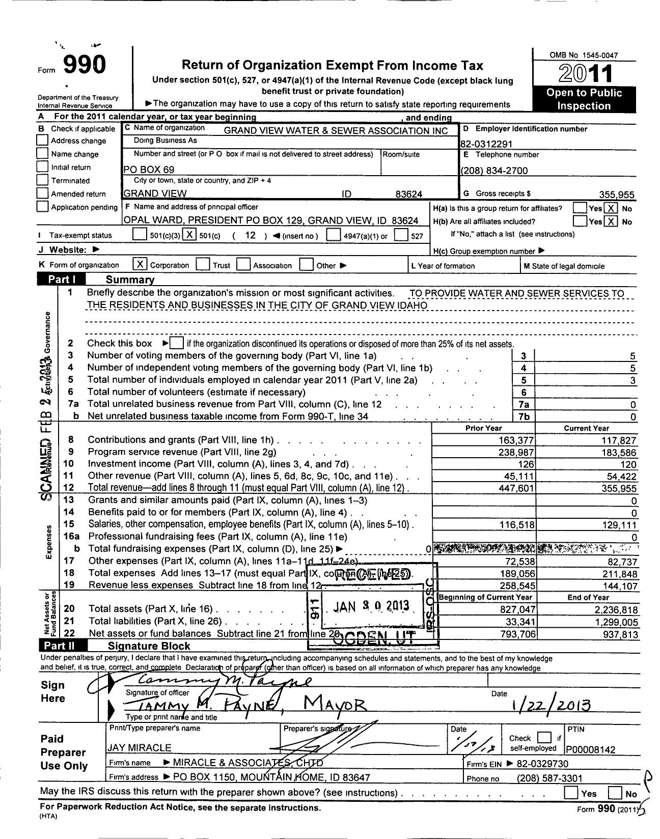 Image of first page of 2011 Form 990O for Grand View Water and Sewer Association