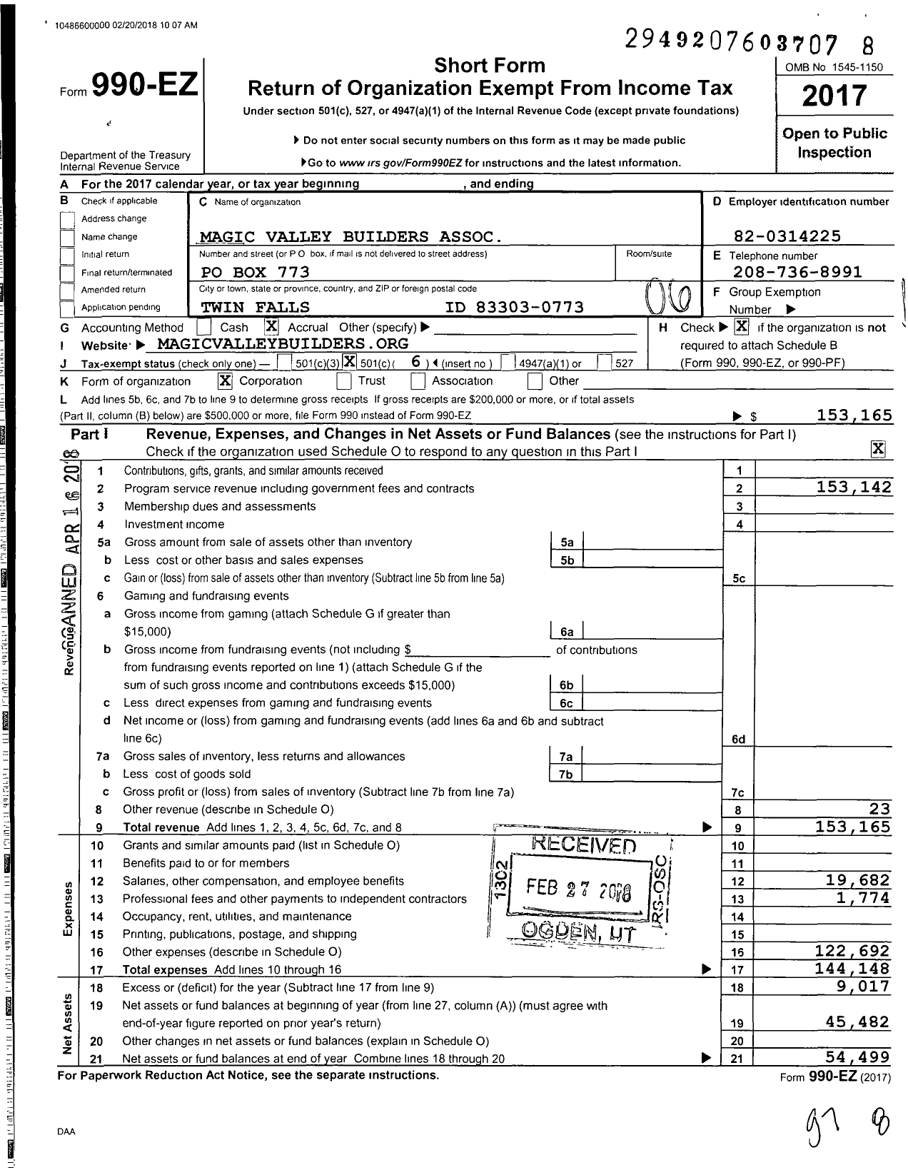 Image of first page of 2017 Form 990EO for Magic Valley Builders Association