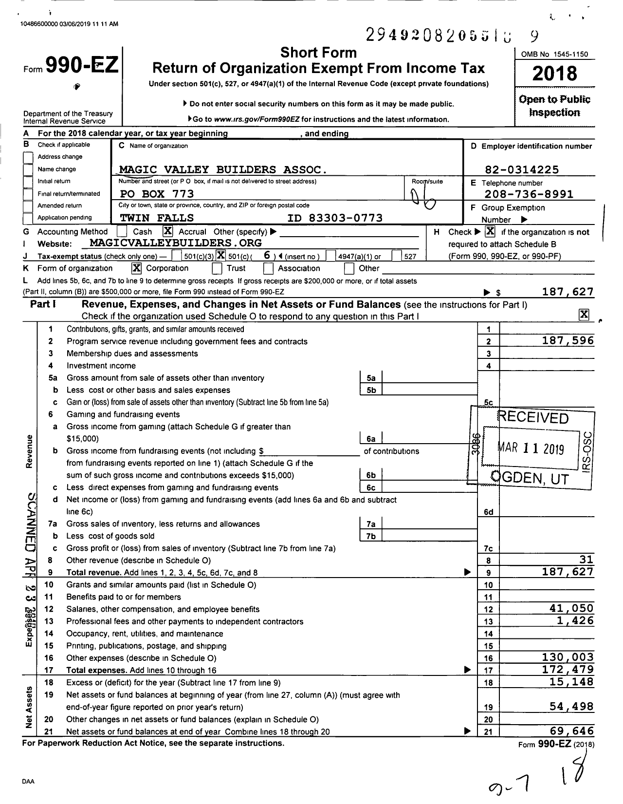 Image of first page of 2018 Form 990EO for Magic Valley Builders Association