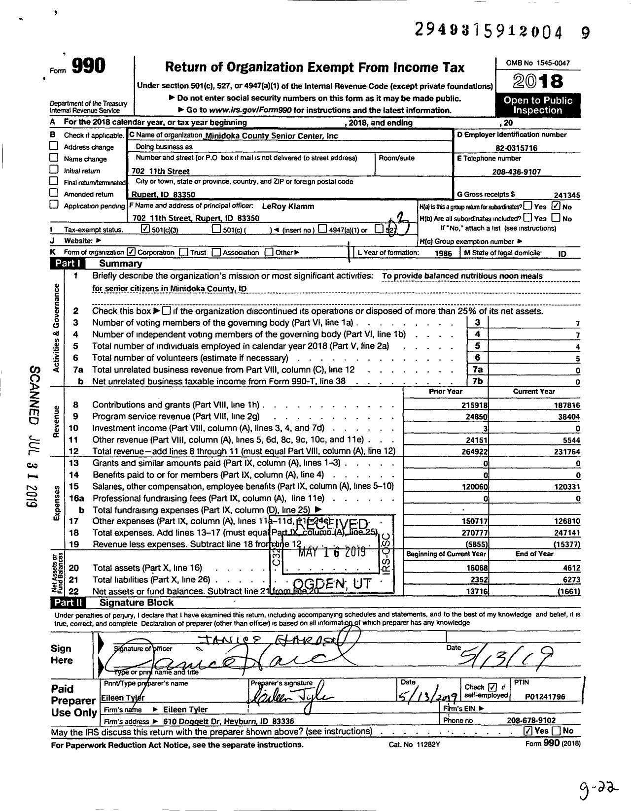 Image of first page of 2018 Form 990 for Minidoka County Senior Center