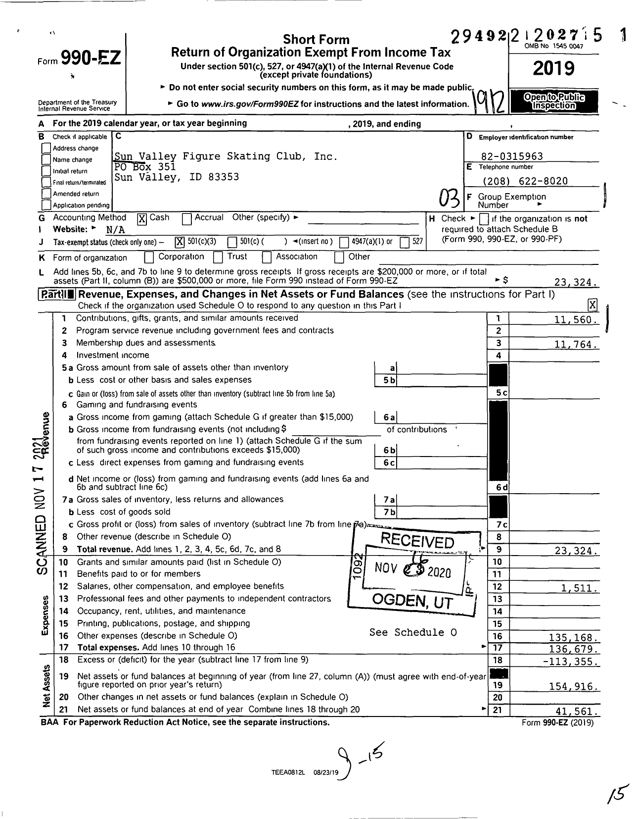 Image of first page of 2019 Form 990EZ for Sun Valley Figure Skating Club