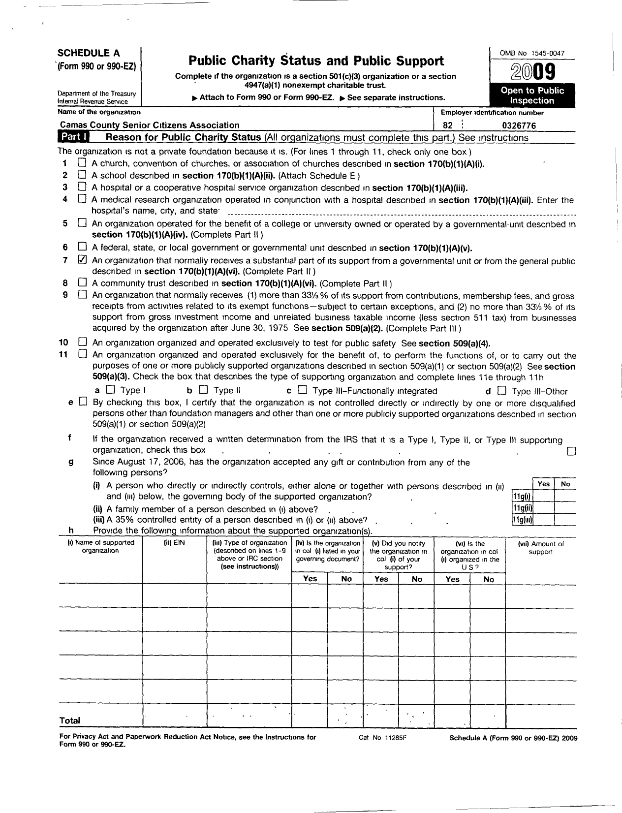 Image of first page of 2009 Form 990ER for Camas County Senior Citizens