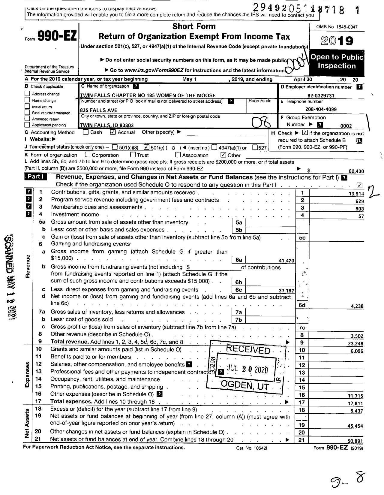 Image of first page of 2019 Form 990EO for Loyal Order of Moose - 185