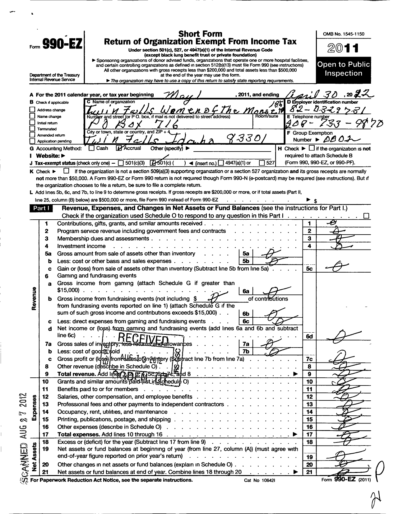 Image of first page of 2011 Form 990EO for Loyal Order of Moose - 185