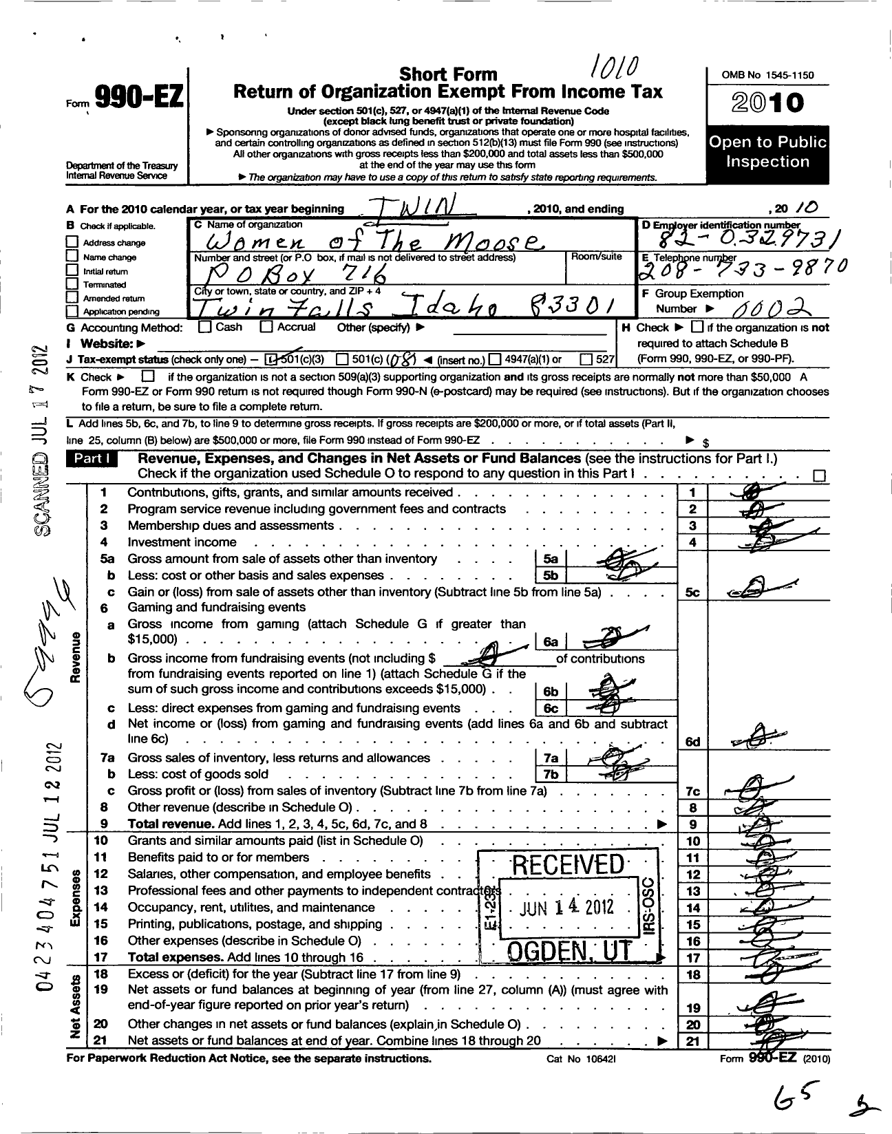 Image of first page of 2010 Form 990EO for Loyal Order of Moose - 185