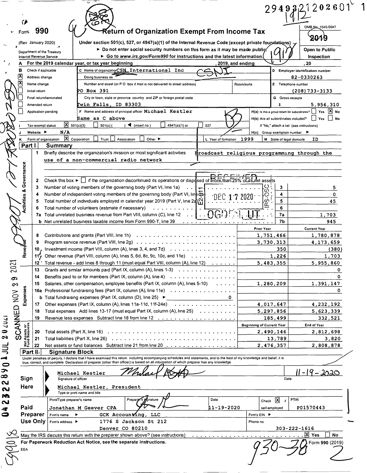 Image of first page of 2019 Form 990 for CSN International (CBI)