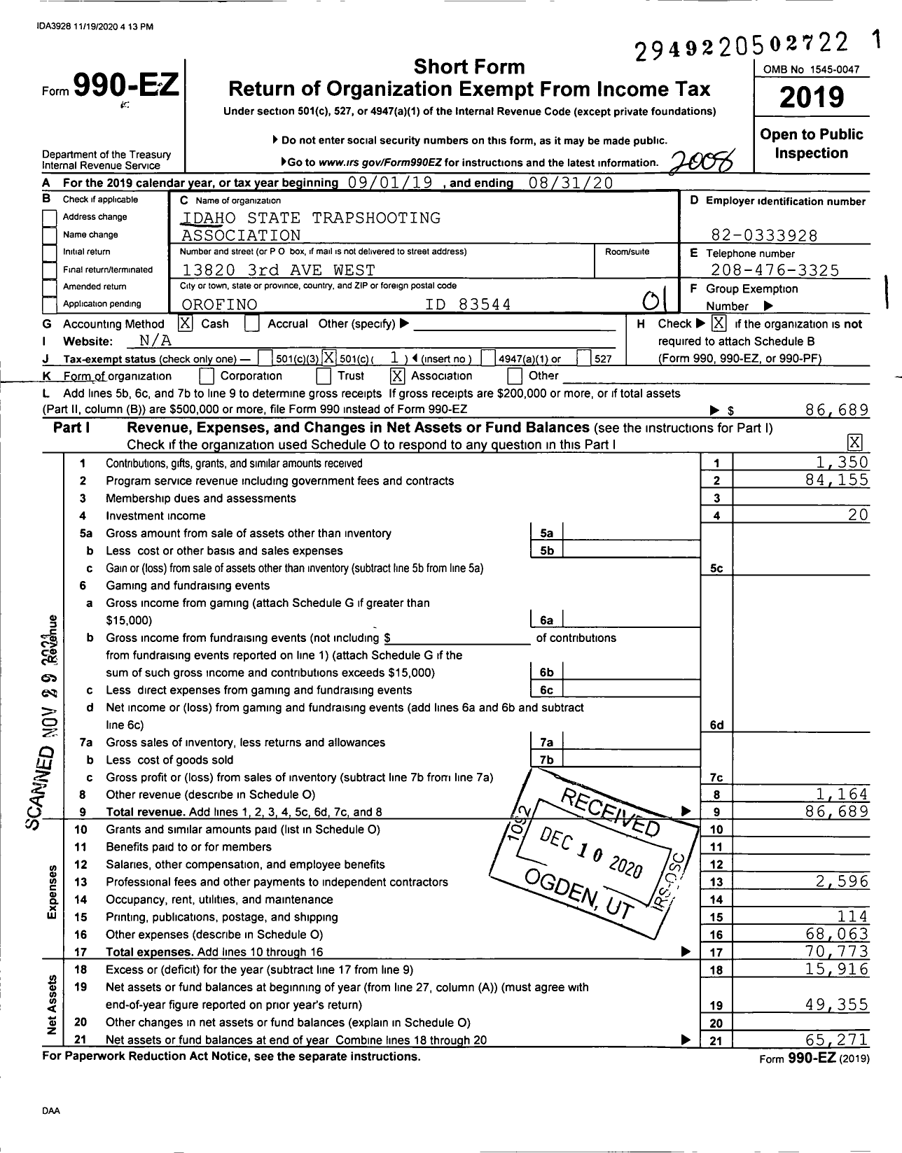 Image of first page of 2019 Form 990EO for Idaho State Trapshooting Association