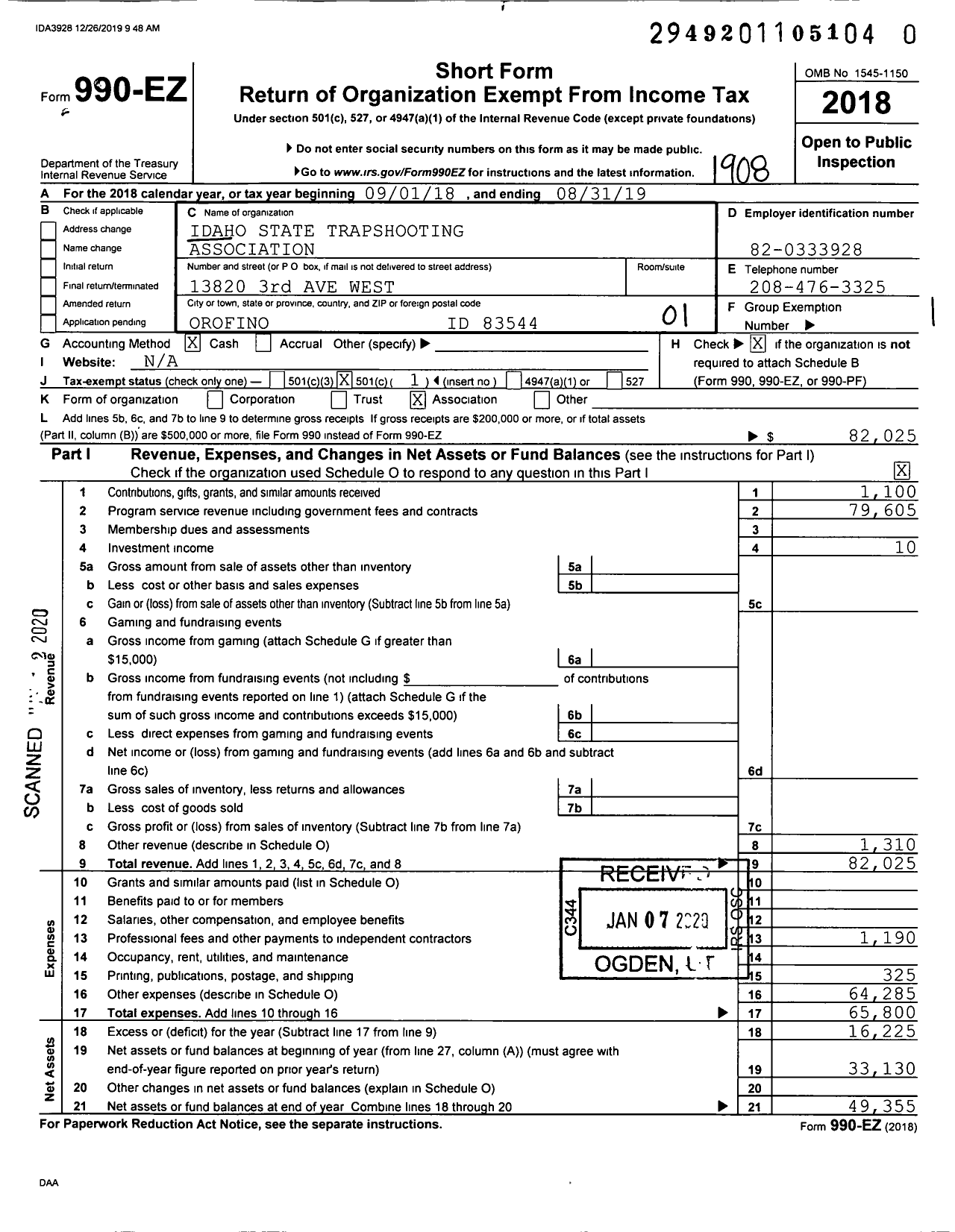 Image of first page of 2018 Form 990EO for Idaho State Trapshooting Association