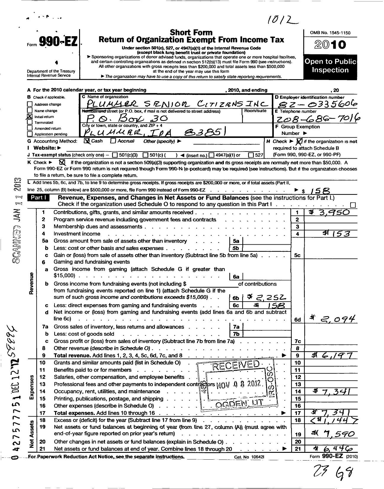 Image of first page of 2010 Form 990EO for Plummer Senior Citizens