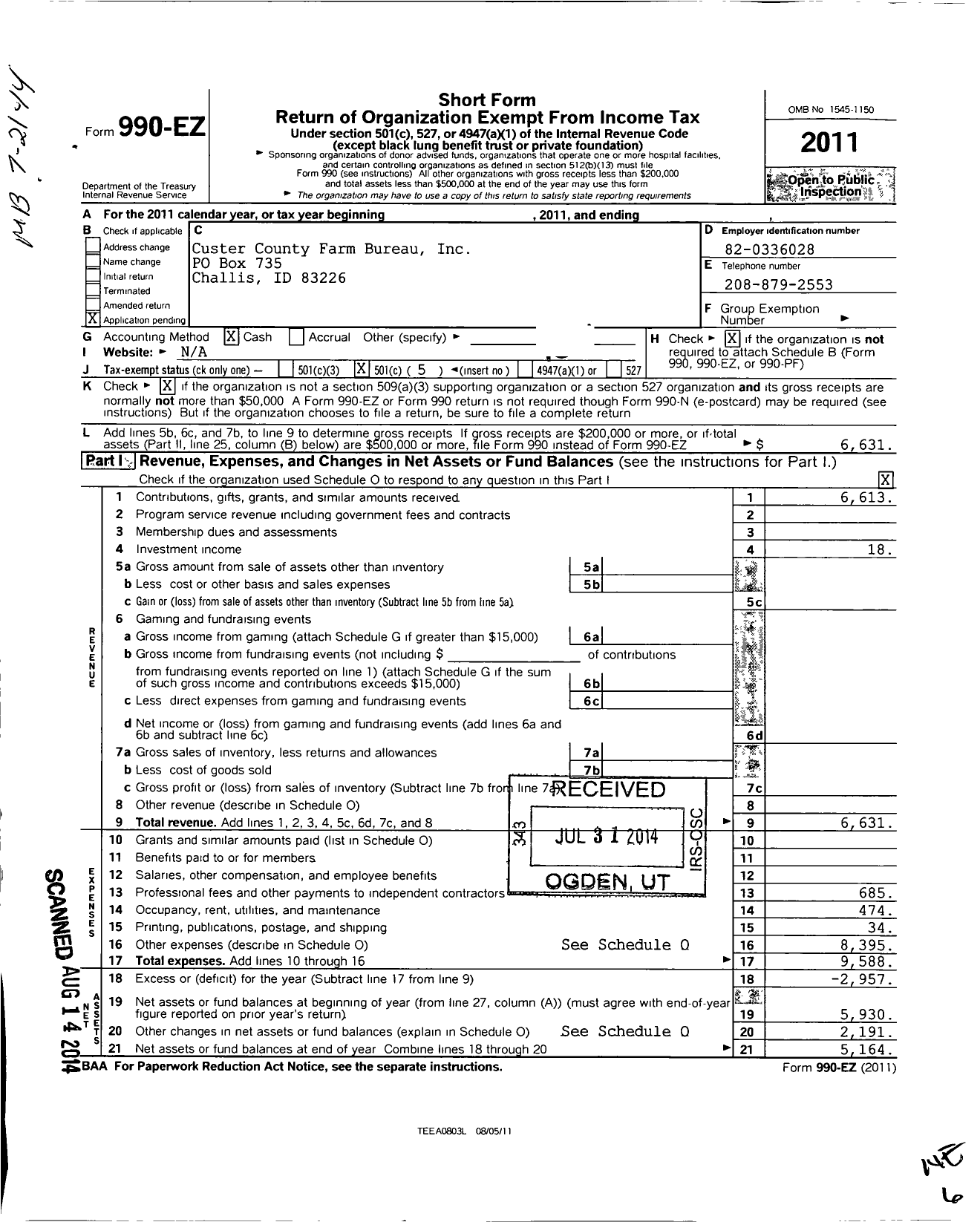 Image of first page of 2011 Form 990EO for Custer County Farm Bureau