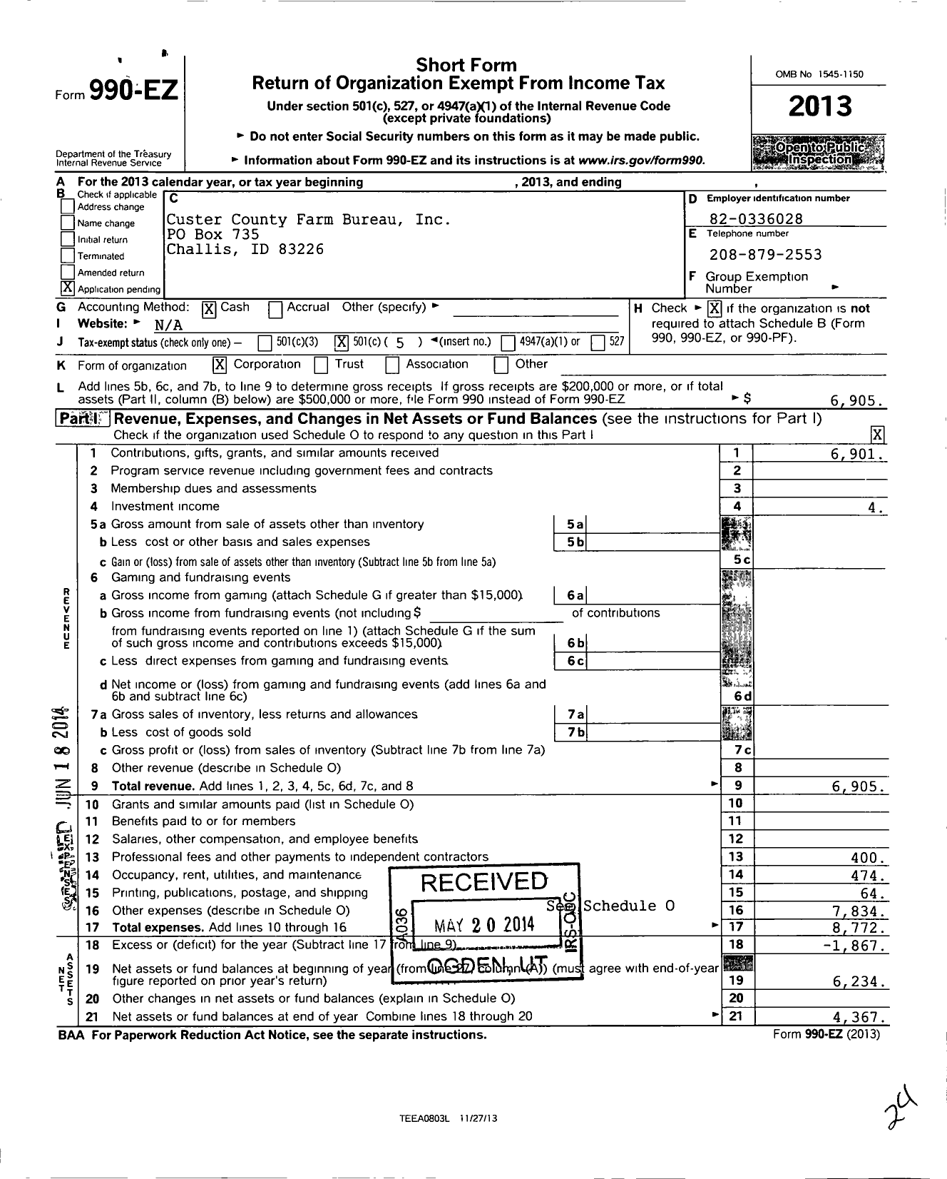 Image of first page of 2013 Form 990EO for Custer County Farm Bureau