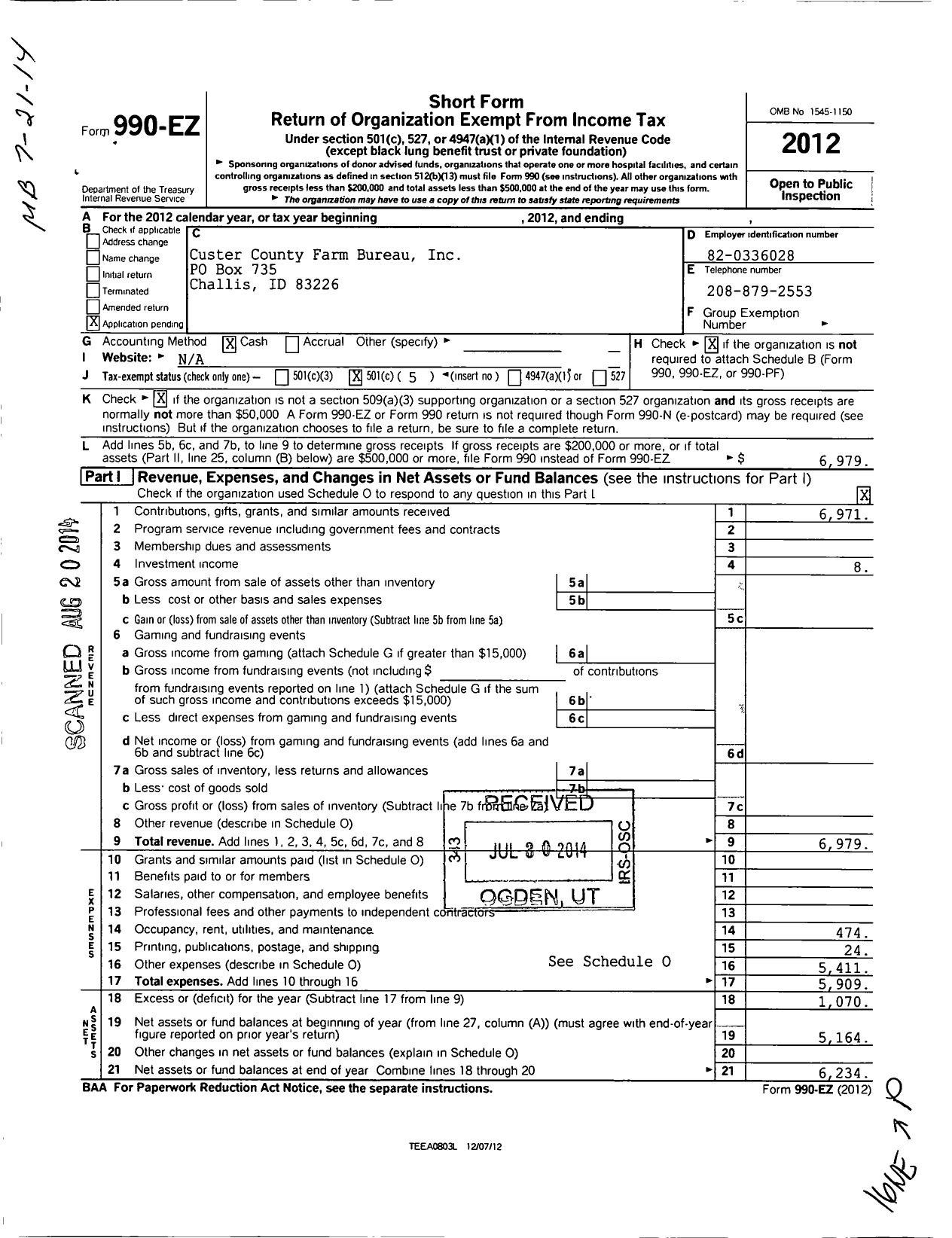 Image of first page of 2012 Form 990EO for Custer County Farm Bureau