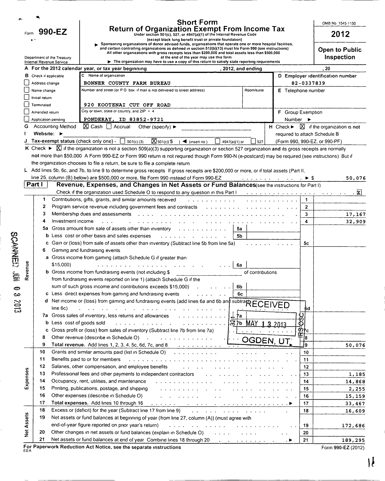 Image of first page of 2012 Form 990EO for Bonner County Farm Bureau