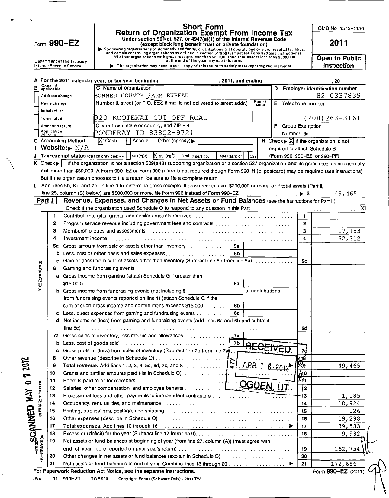 Image of first page of 2011 Form 990EO for Bonner County Farm Bureau