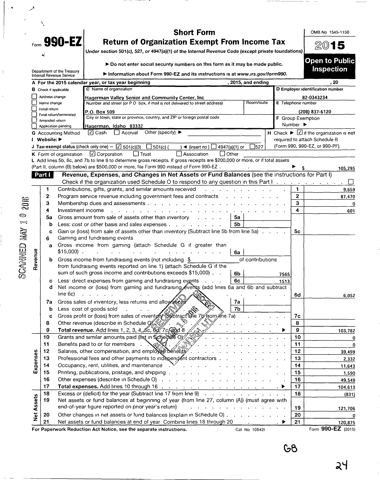 Image of first page of 2015 Form 990EZ for Hagerman Valley Senior and Community Center