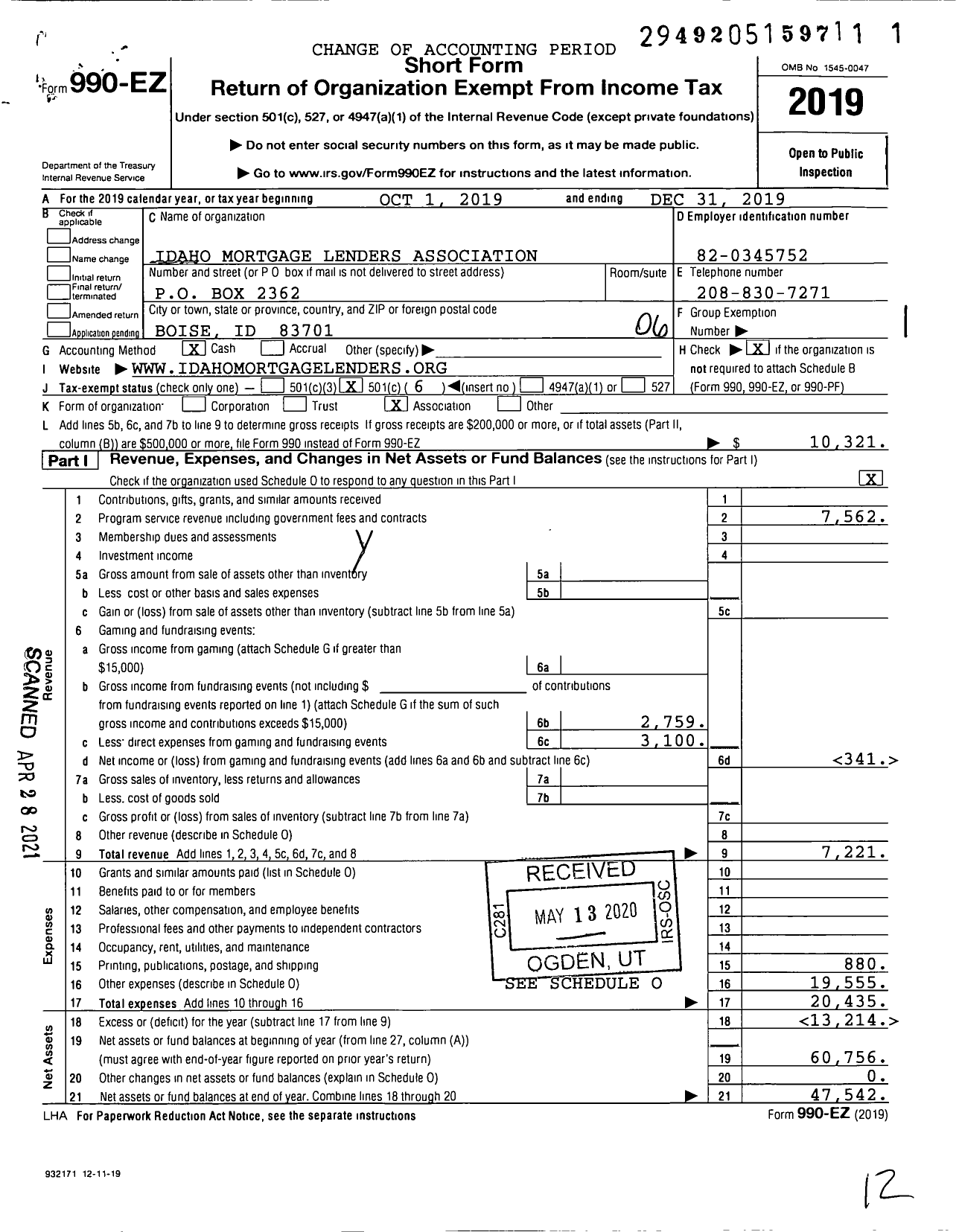 Image of first page of 2019 Form 990EO for Idaho Mortgage Lenders Association