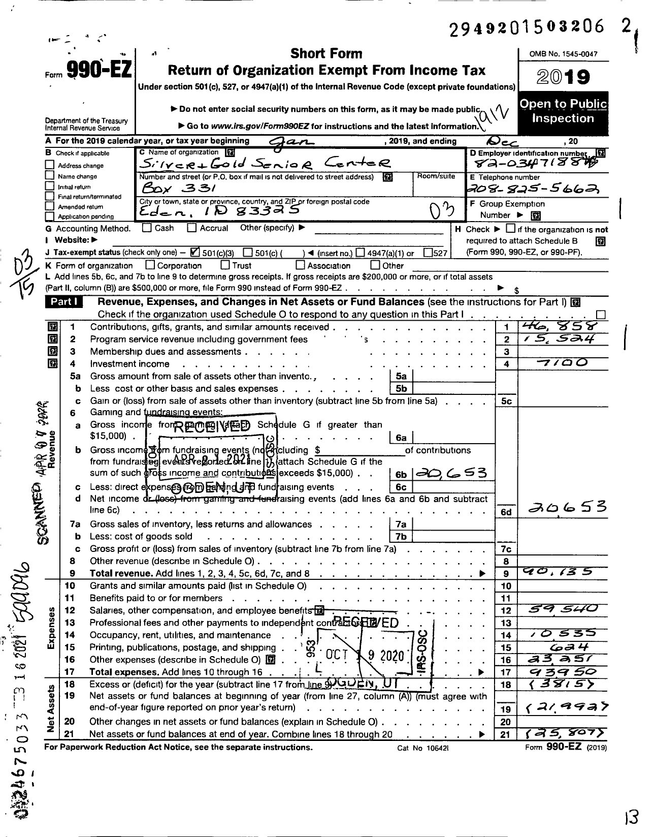 Image of first page of 2019 Form 990EZ for Silver and Gold Senior Citizen's Center