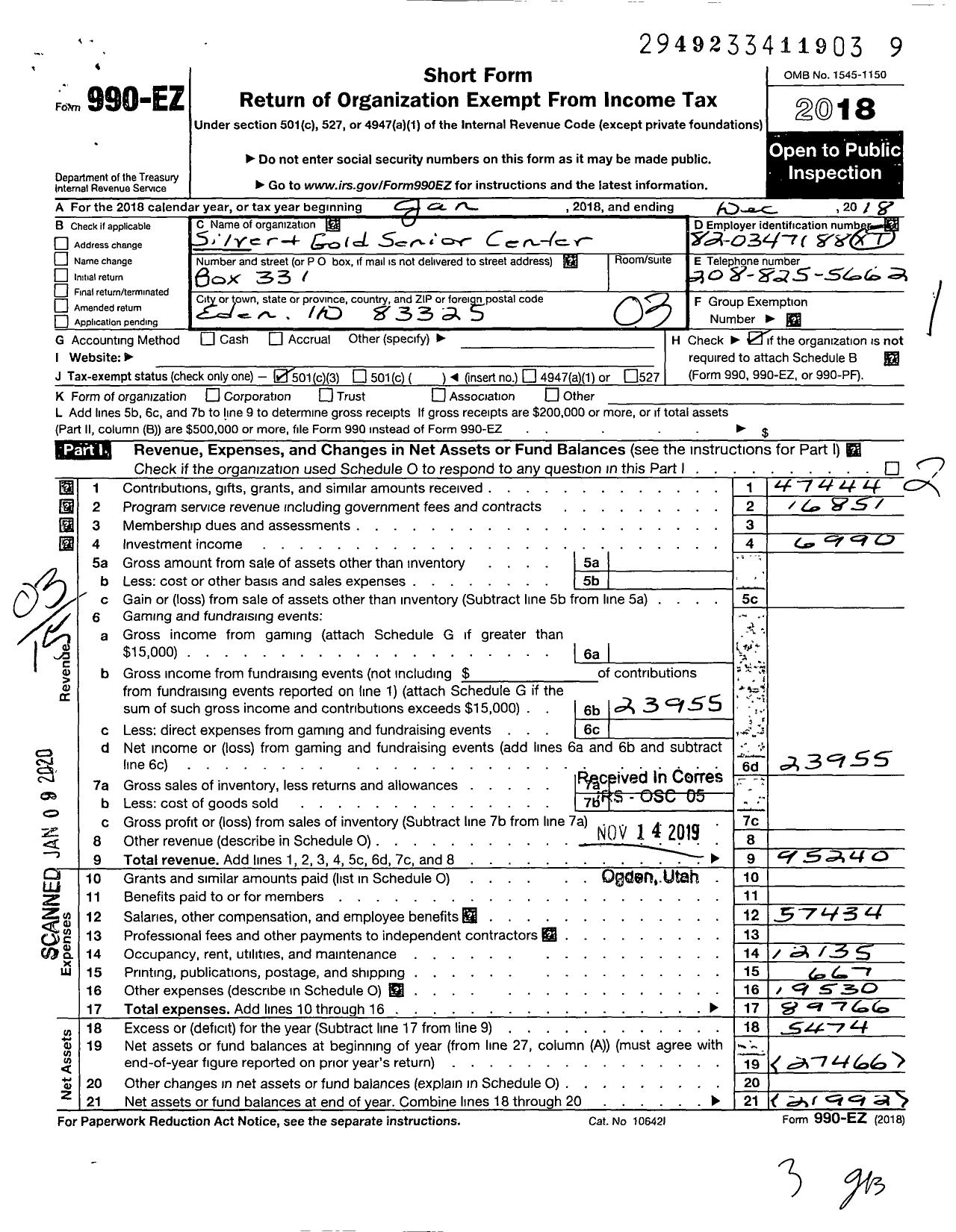 Image of first page of 2018 Form 990EZ for Silver and Gold Senior Citizen's Center