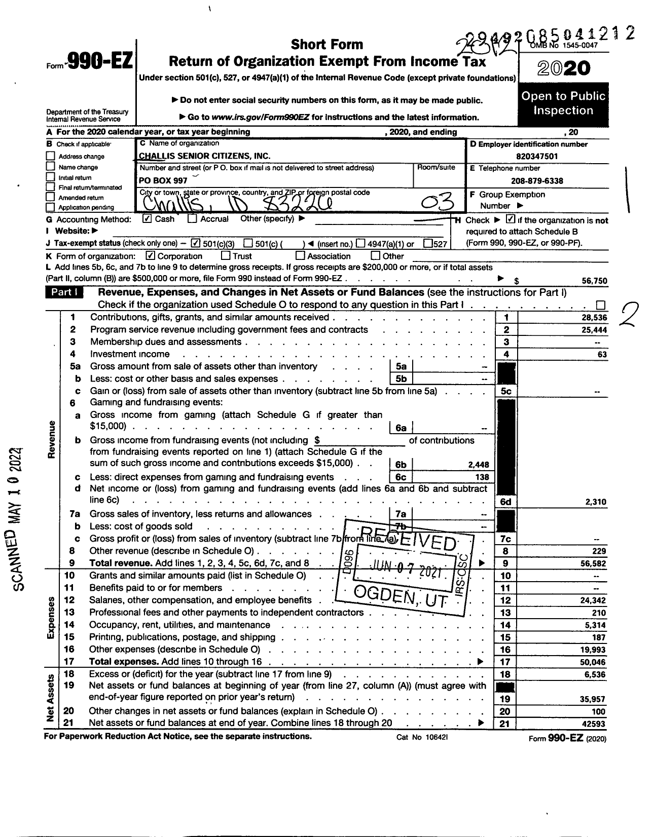 Image of first page of 2020 Form 990EZ for Challis Senior Citizens