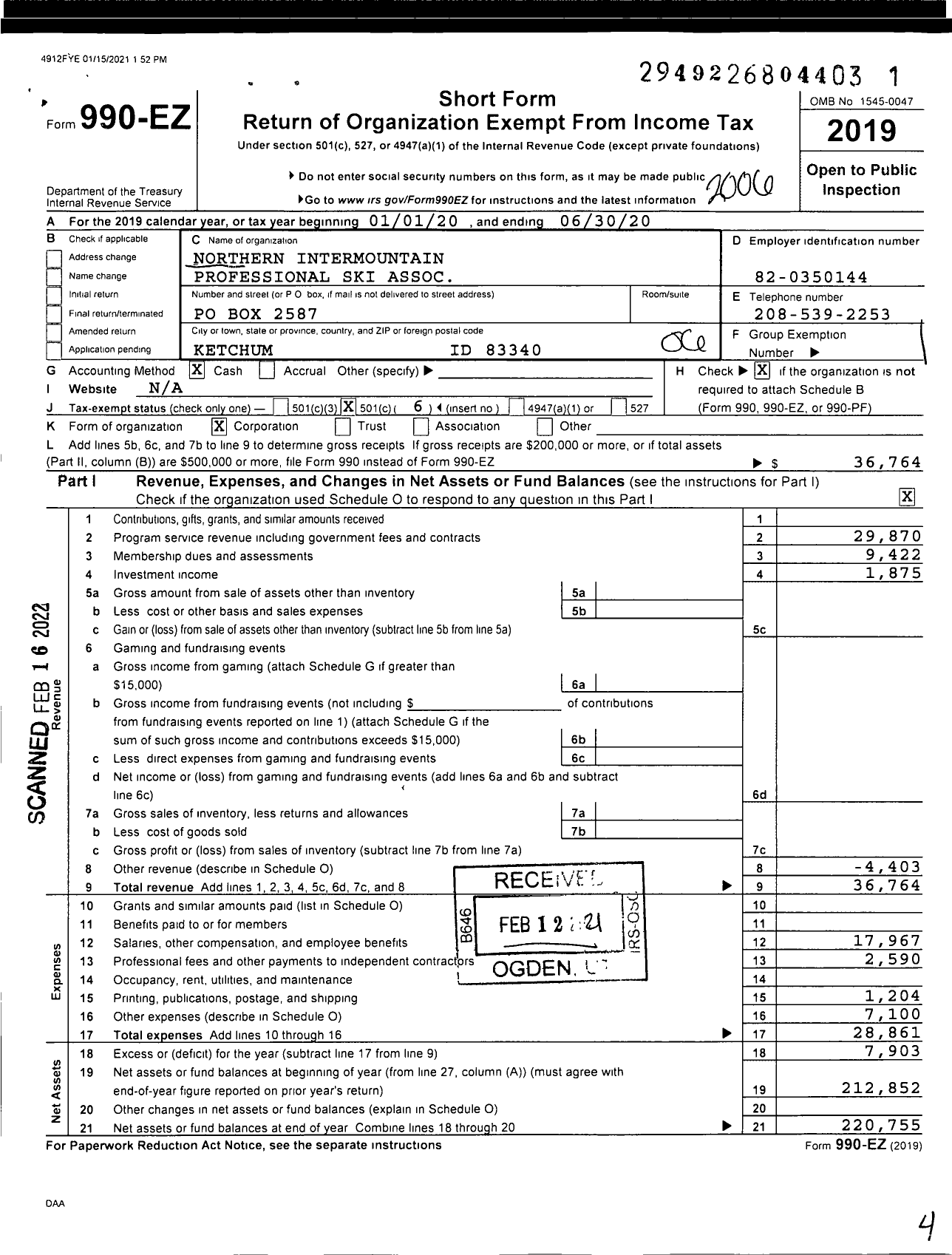 Image of first page of 2019 Form 990EO for Northern Intermountain Professional Ski Association