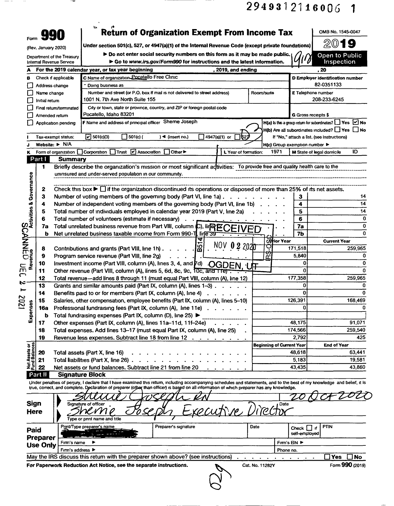 Image of first page of 2019 Form 990 for Pocatello Free Clinic