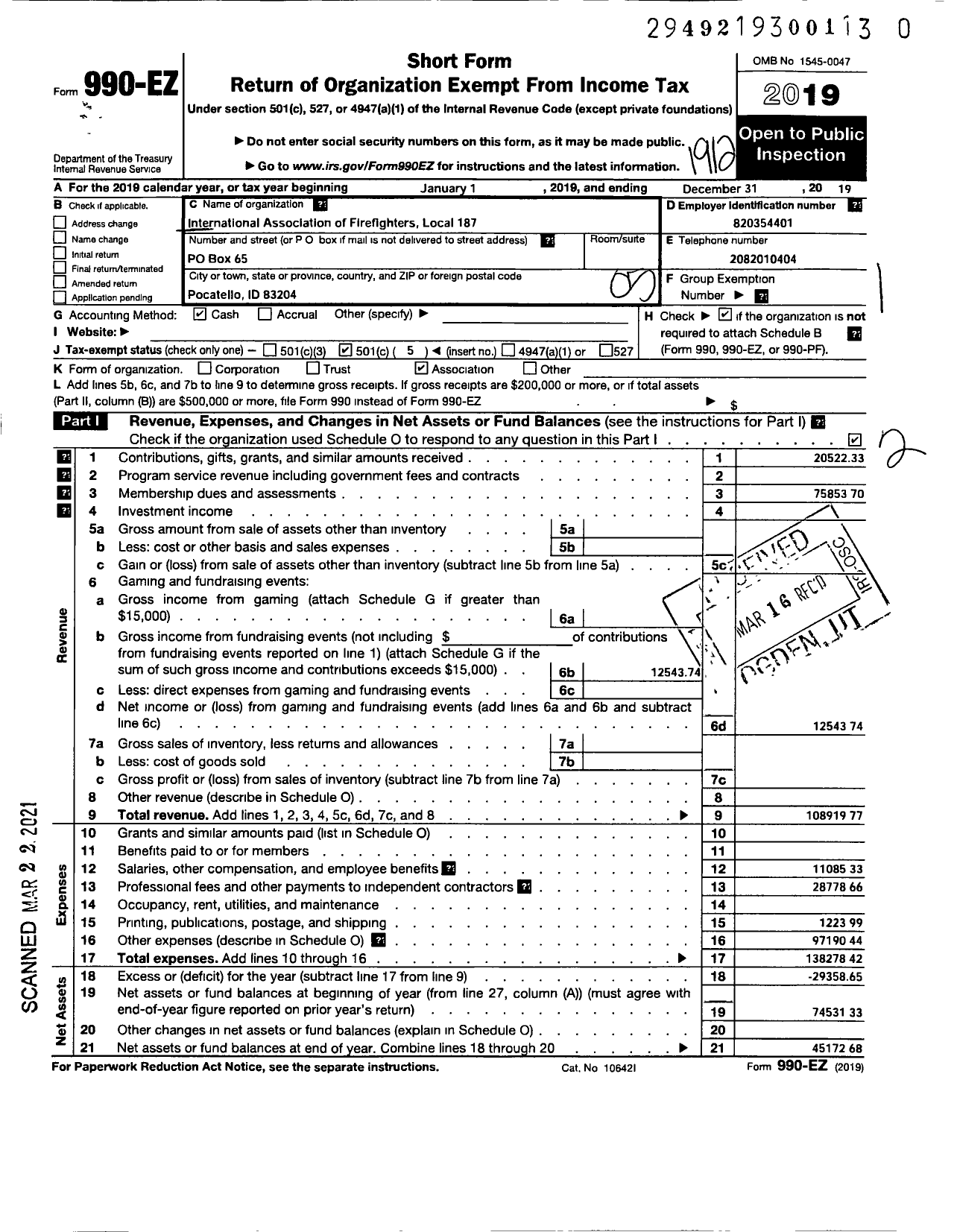 Image of first page of 2019 Form 990EO for International Association of Fire Fighters - L0187 Pocatello