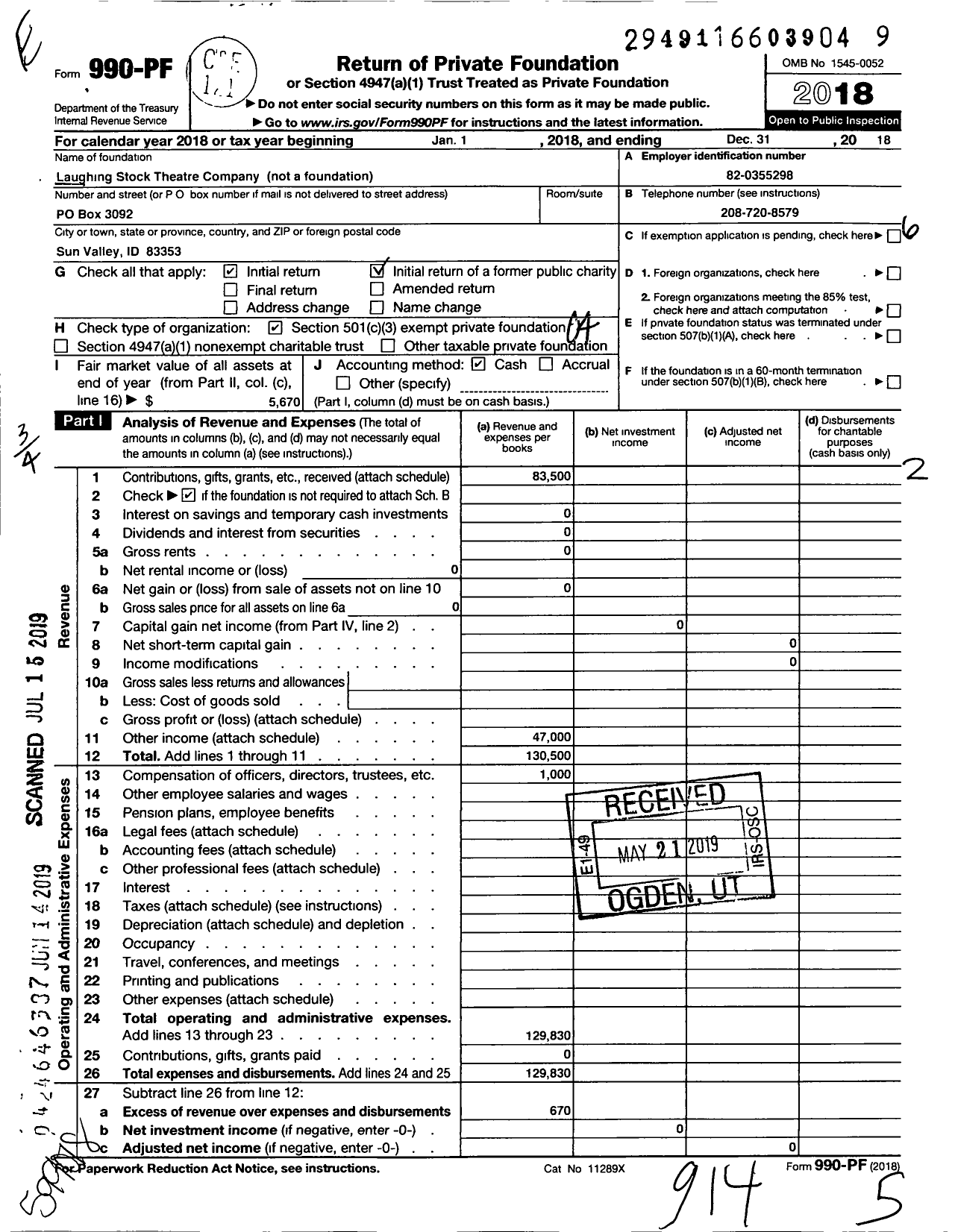 Image of first page of 2018 Form 990PF for Laughing Stock Theatre Company