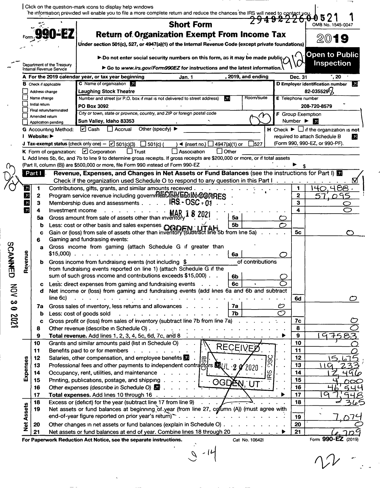 Image of first page of 2019 Form 990EZ for Laughing Stock Theatre Company