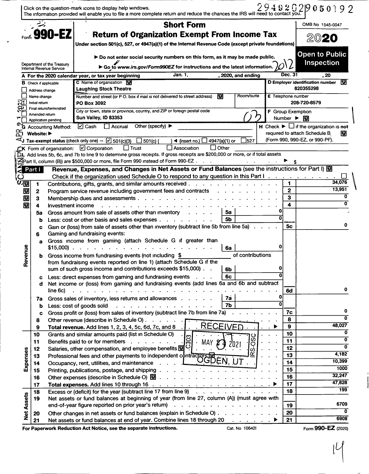 Image of first page of 2020 Form 990EZ for Laughing Stock Theatre Company