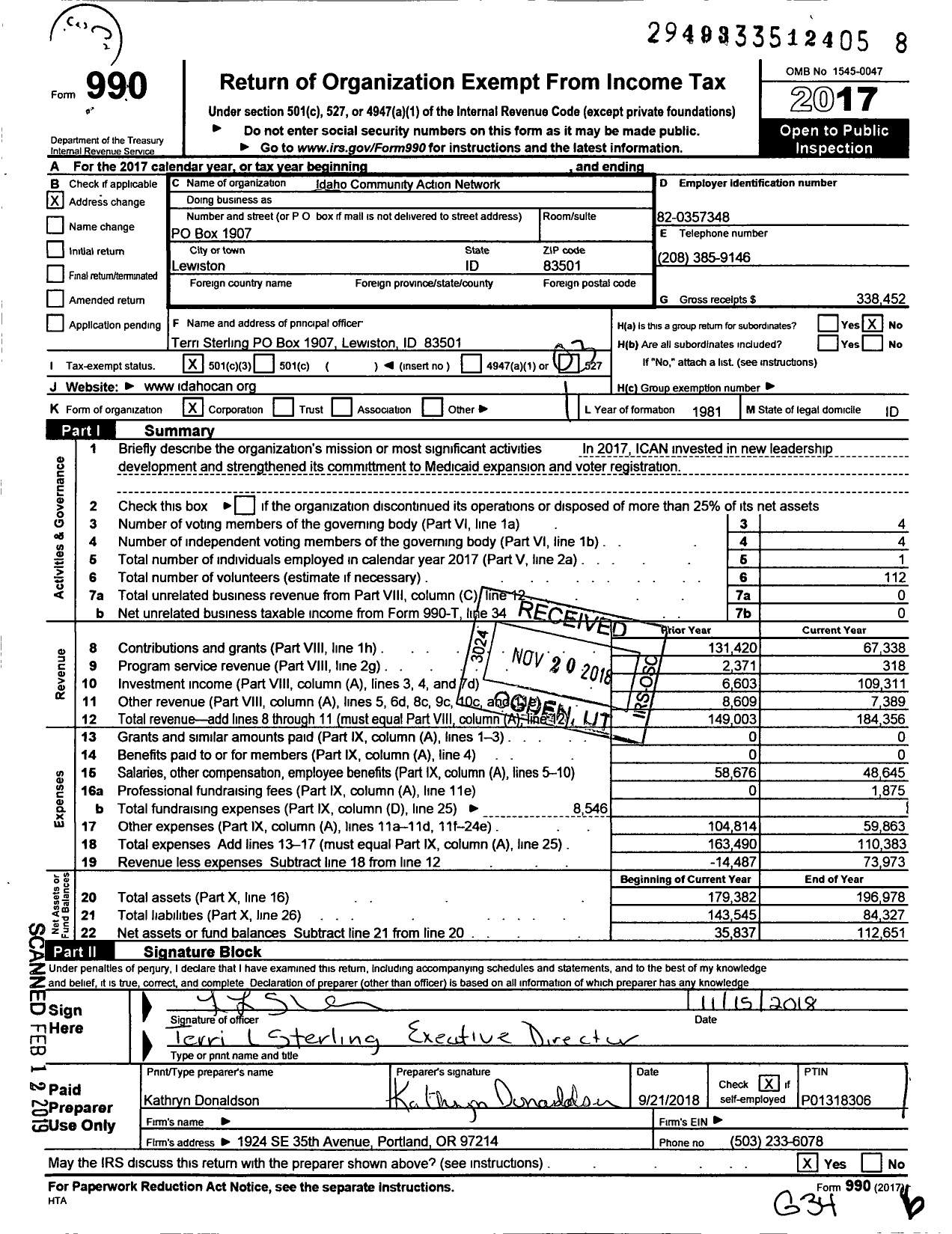 Image of first page of 2017 Form 990 for Idaho Community Action Network