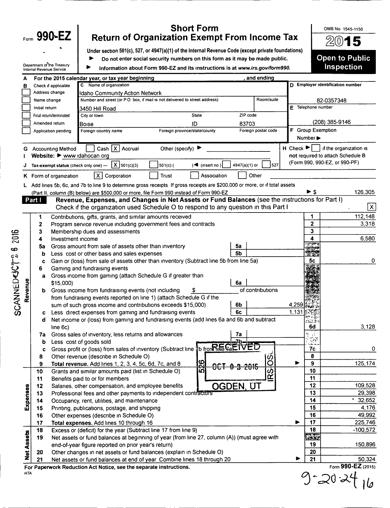 Image of first page of 2015 Form 990EZ for Idaho Community Action Network