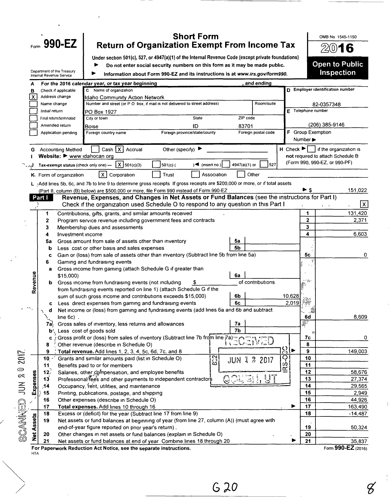 Image of first page of 2016 Form 990EZ for Idaho Community Action Network