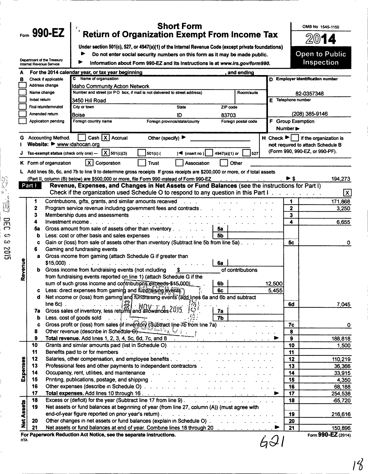 Image of first page of 2014 Form 990EZ for Idaho Community Action Network