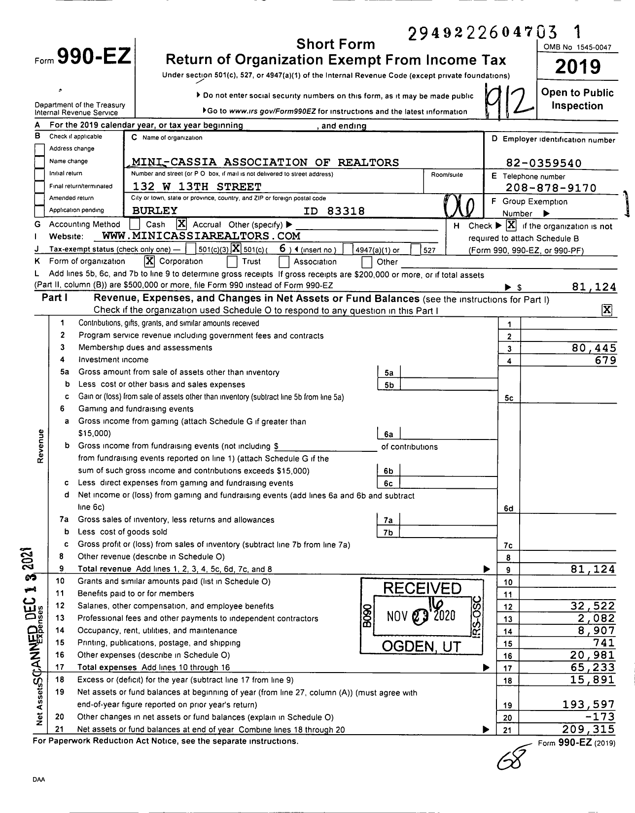 Image of first page of 2019 Form 990EO for Mini-Cassia Association of Realtors