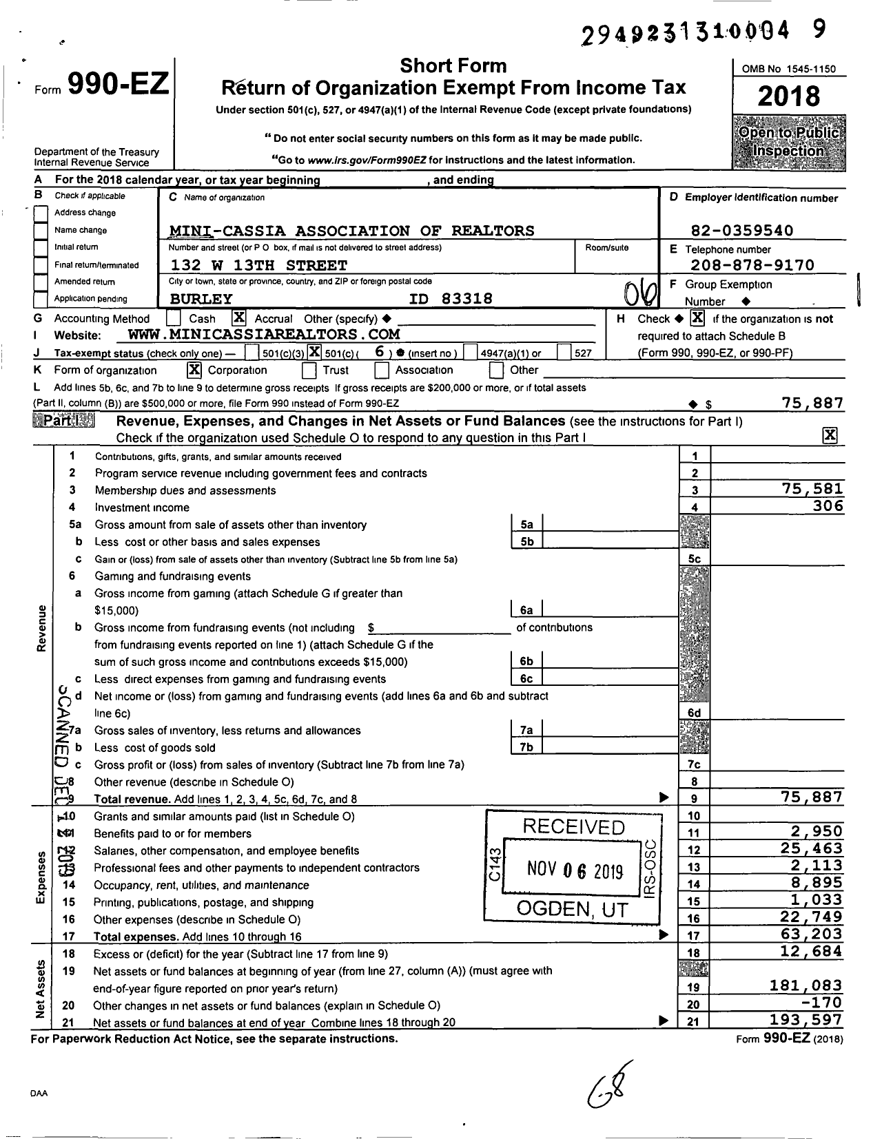 Image of first page of 2018 Form 990EO for Mini-Cassia Association of Realtors