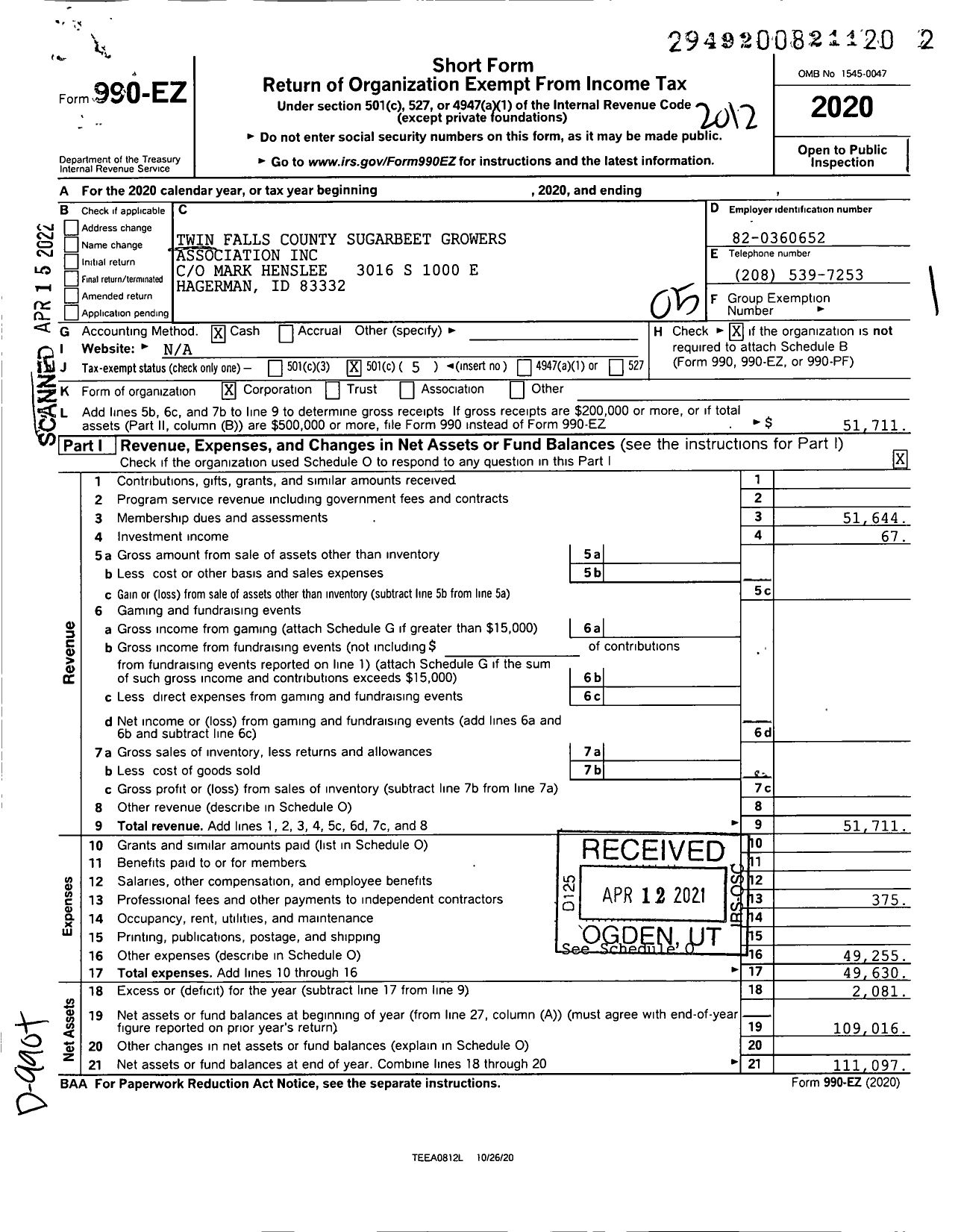 Image of first page of 2020 Form 990EO for Twin Falls County Sugarbeet Growers Association