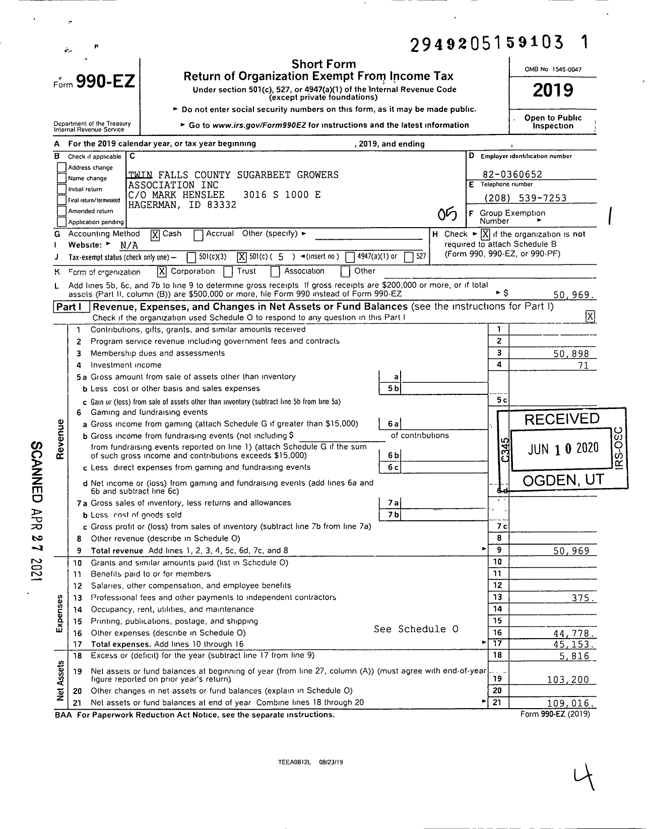 Image of first page of 2019 Form 990EO for Twin Falls County Sugarbeet Growers Association