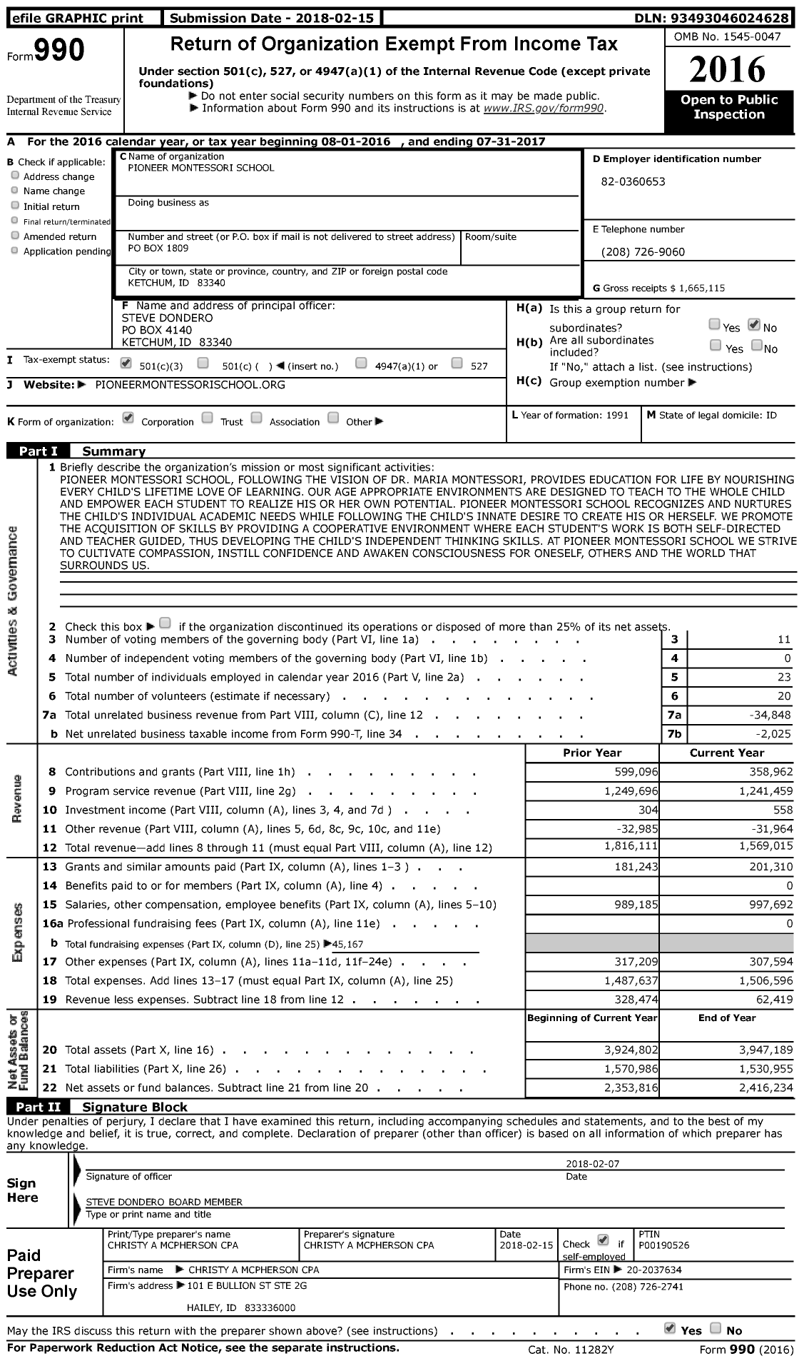 Image of first page of 2016 Form 990 for Pioneer Montessori School