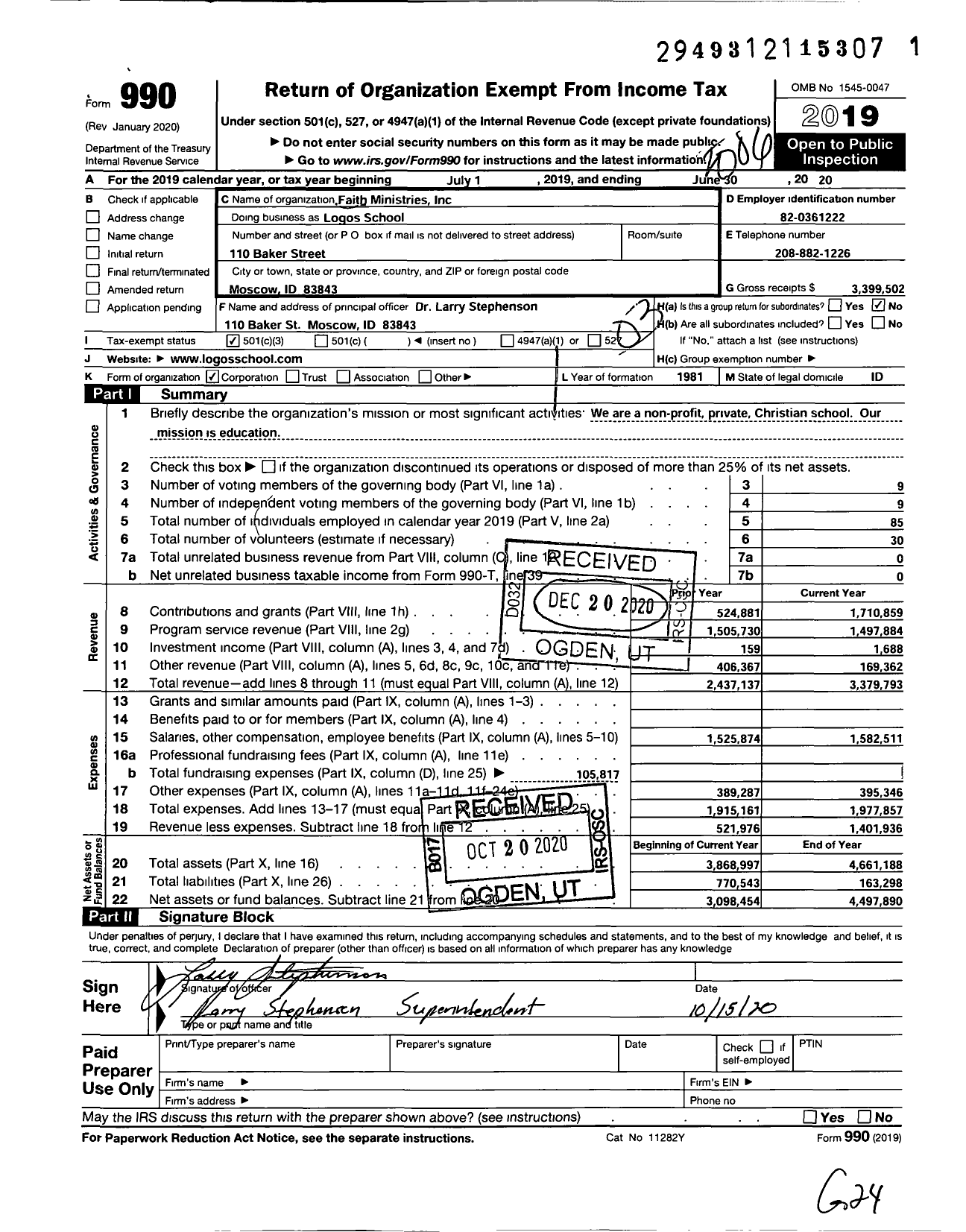 Image of first page of 2019 Form 990 for FAITH MINISTRIES INC Logos School