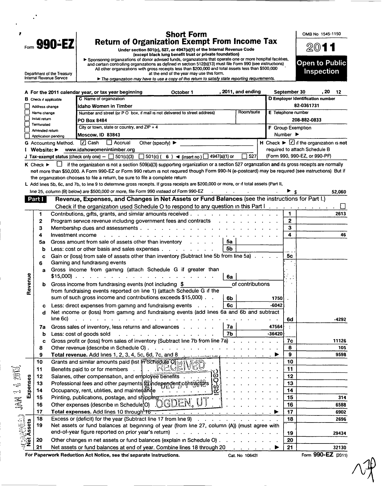 Image of first page of 2011 Form 990EO for Idaho Women Timber