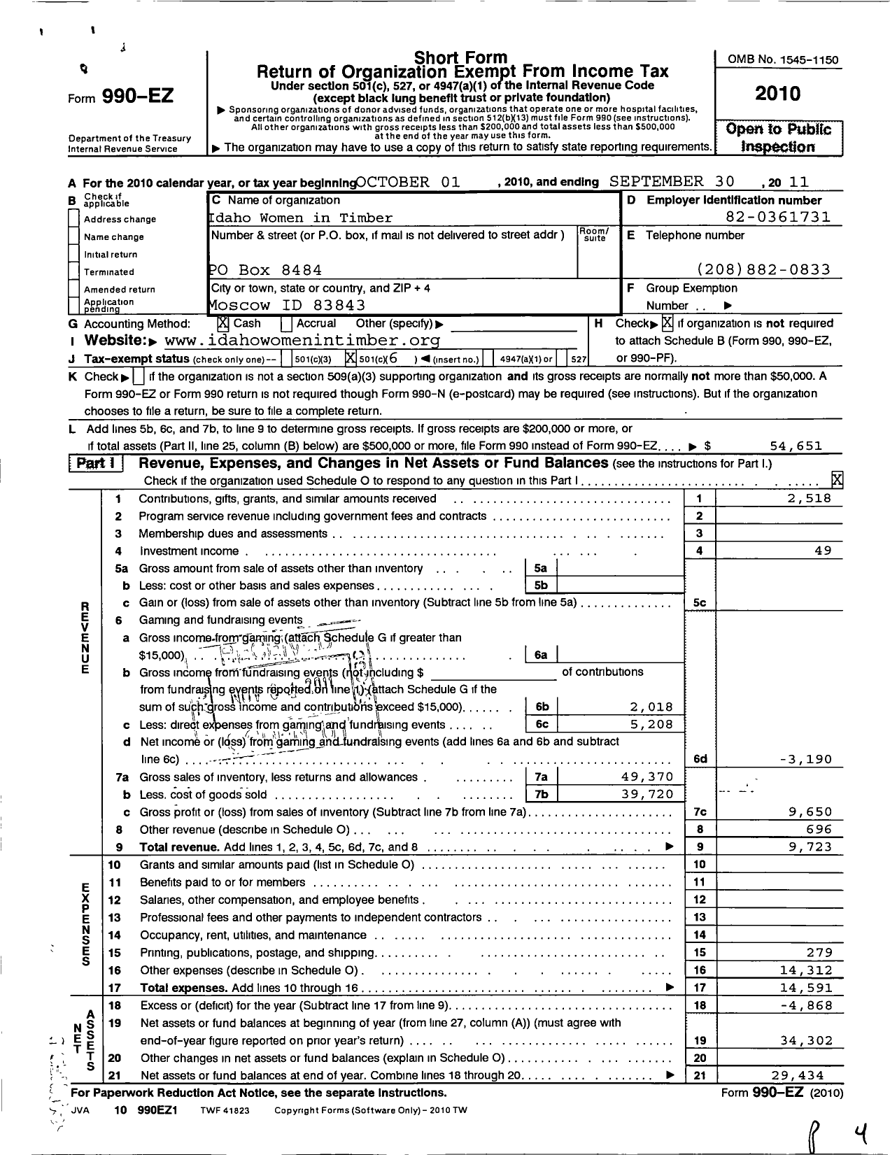 Image of first page of 2010 Form 990EO for Idaho Women Timber