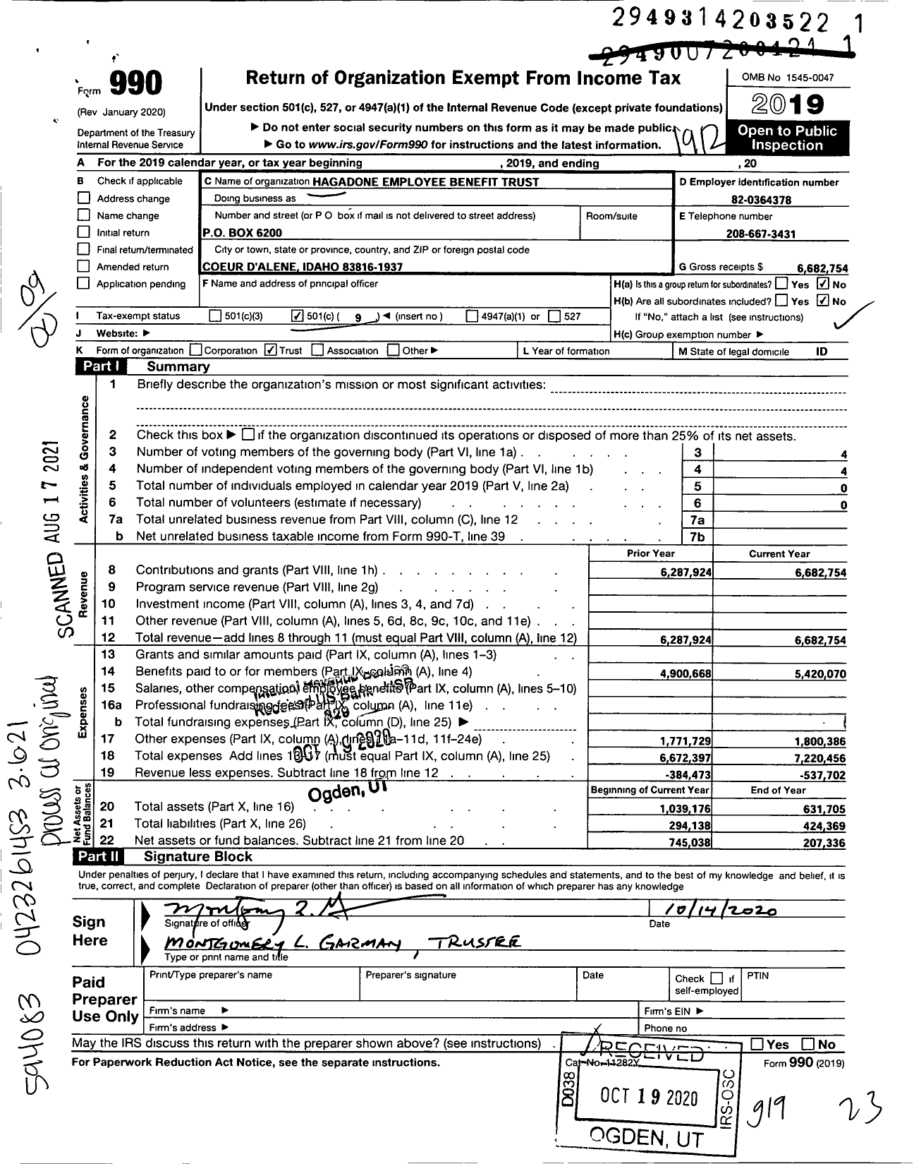 Image of first page of 2019 Form 990O for Hagadone Employee Benefit Trust