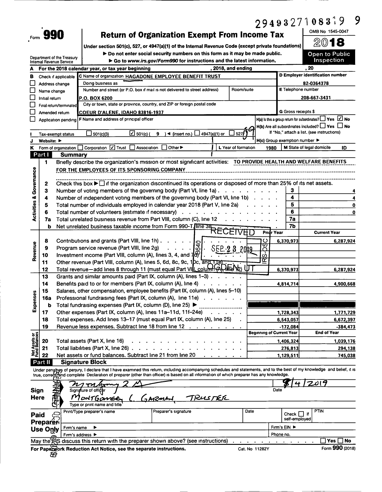 Image of first page of 2018 Form 990O for Hagadone Employee Benefit Trust