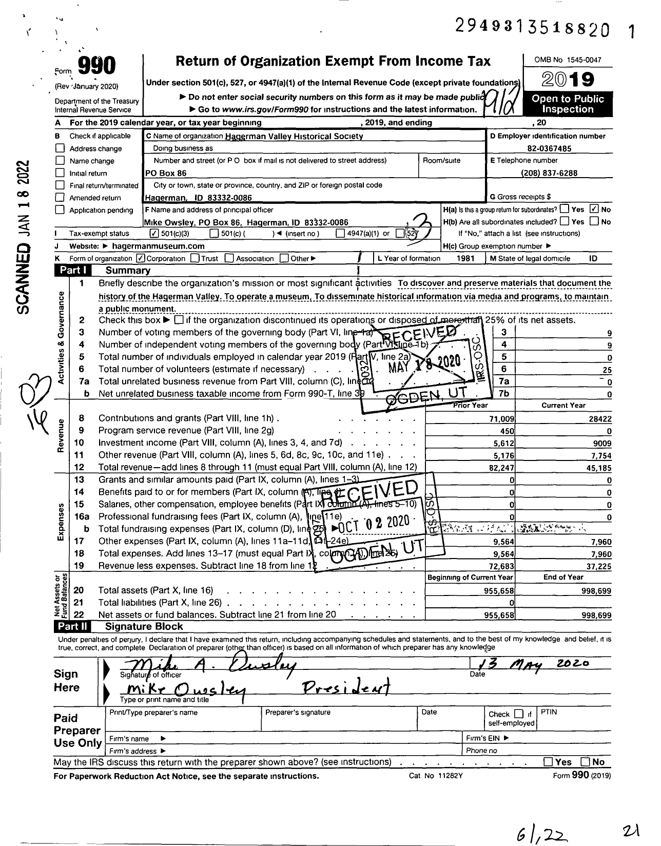 Image of first page of 2019 Form 990 for Hagerman Valley Historical Society