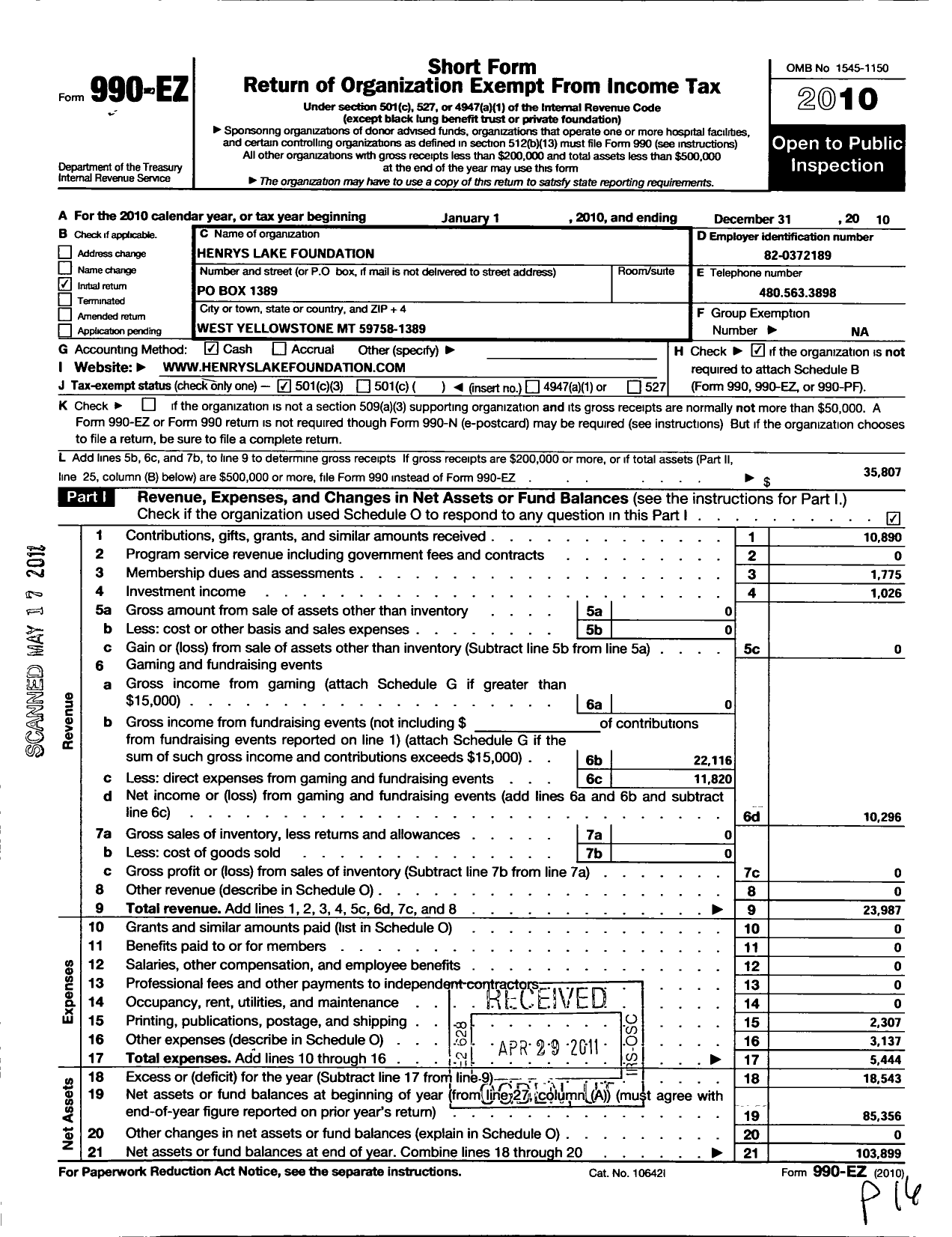 Image of first page of 2010 Form 990EZ for Henrys Lake Foundation