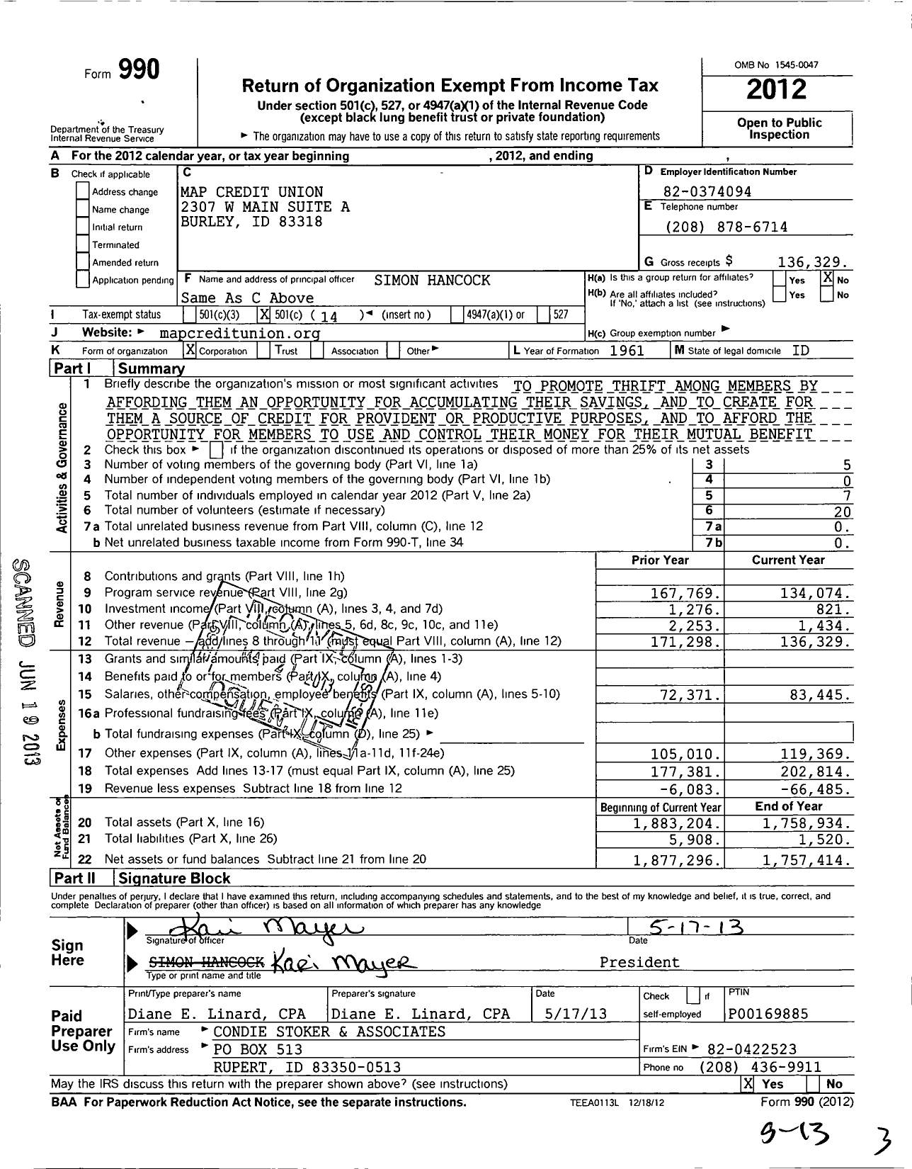 Image of first page of 2012 Form 990O for Map Credit Union