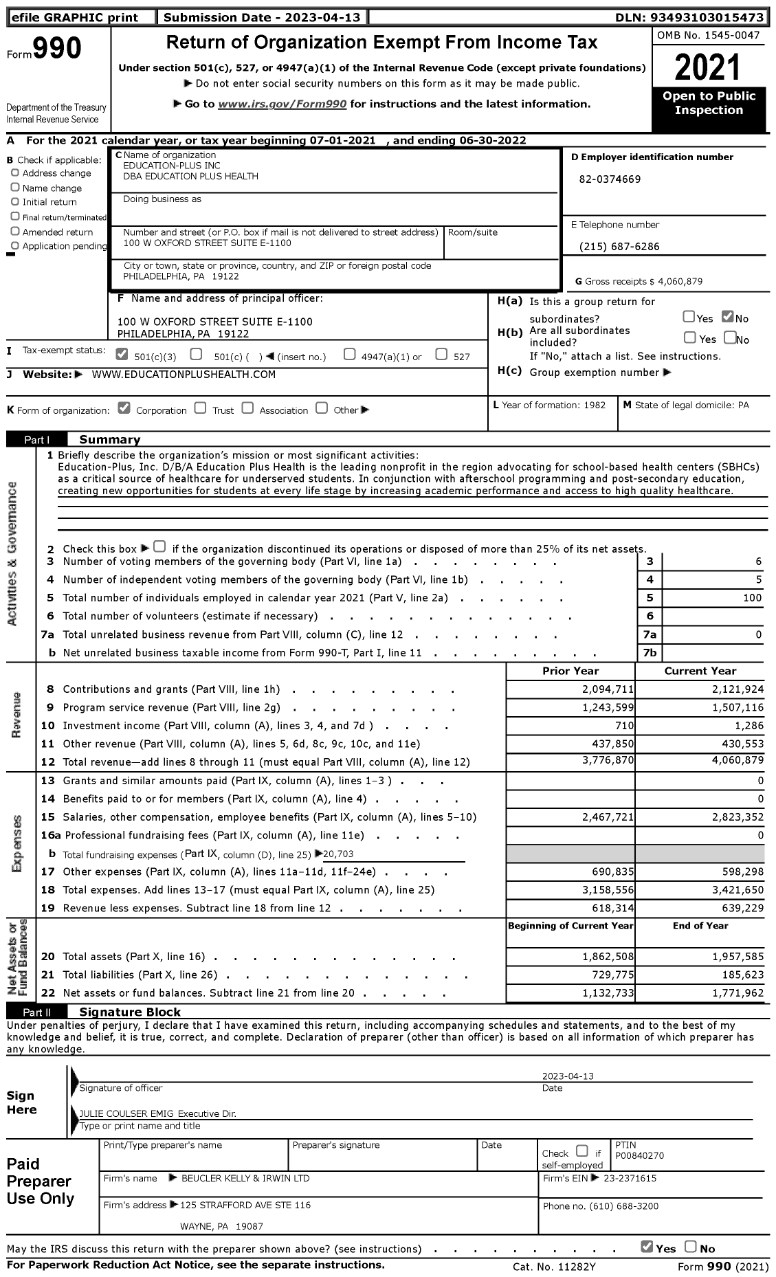 Image of first page of 2021 Form 990 for Education Plus Health